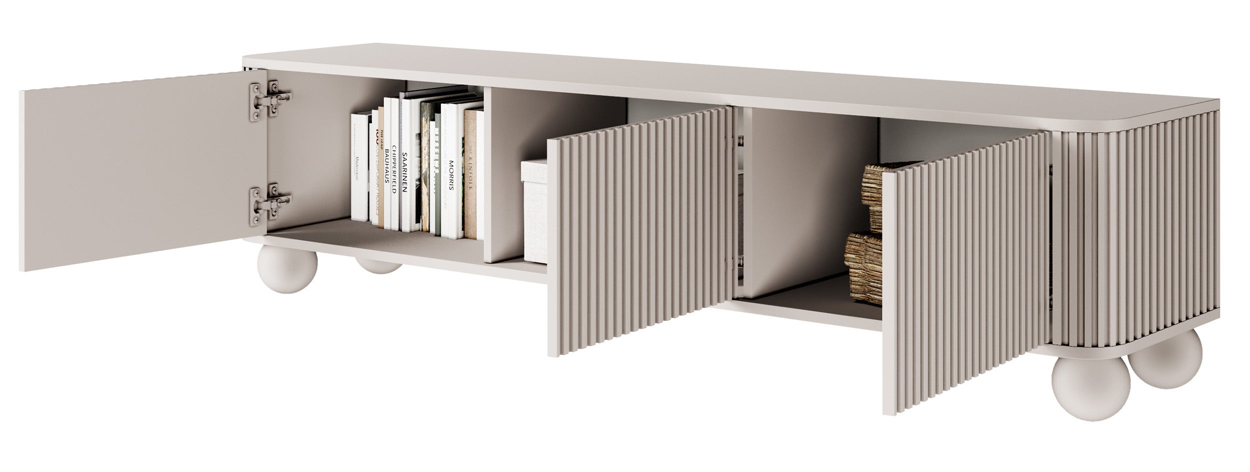 TV-Schrank Arvello mit Rillen, dreitürig, 163 cm, auf Kugelfüßen, sandbeige