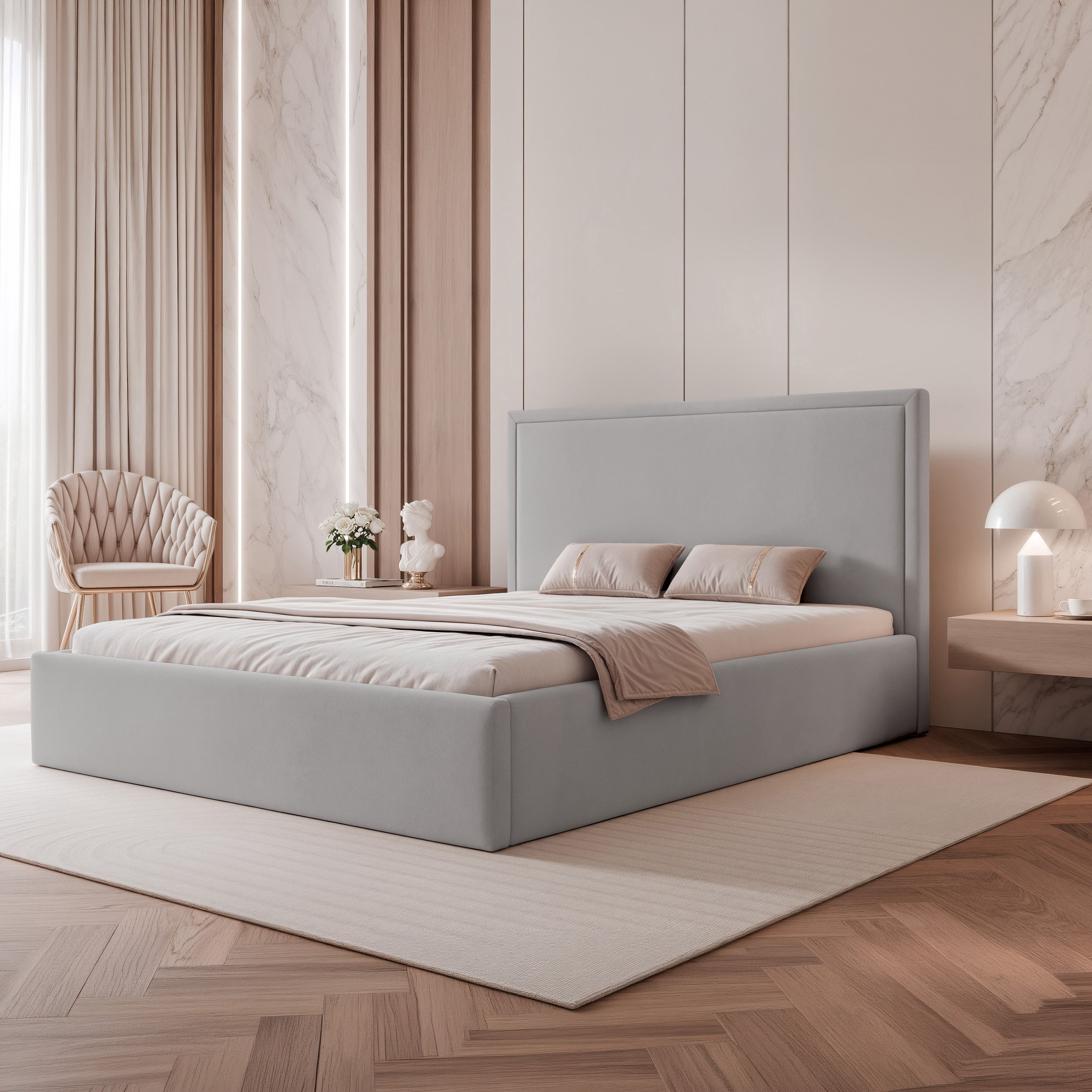 Polsterbett 180x200 cm Asurro mit Stauraum, Metallrahmen, grauer hydrophober Samt