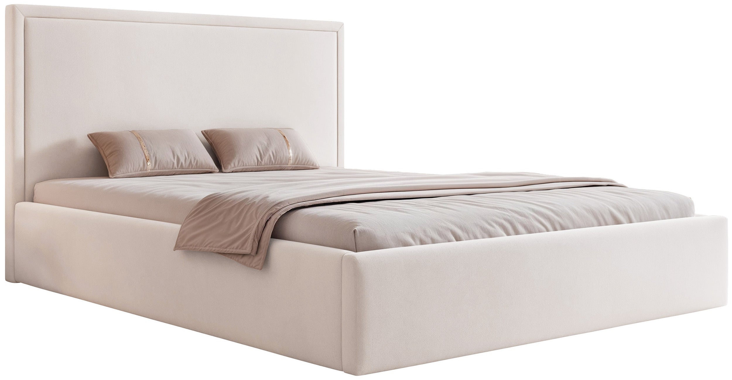 Gepolstertes Bett 160x200 cm Asurro mit Stauraum, Metallrahmen, cremefarbener, wasserabweisender Samt