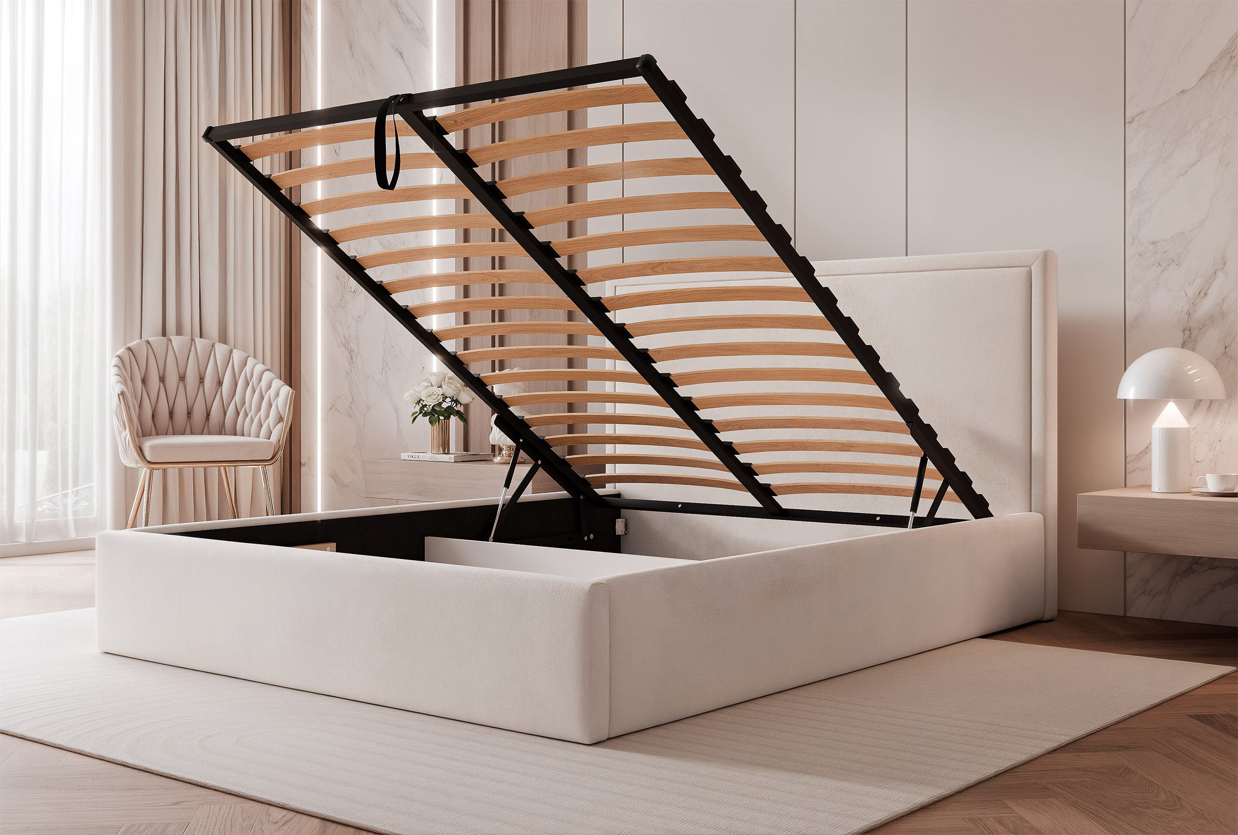 Gepolstertes Bett 160x200 cm Asurro mit Stauraum, Metallrahmen, cremefarbener, wasserabweisender Samt