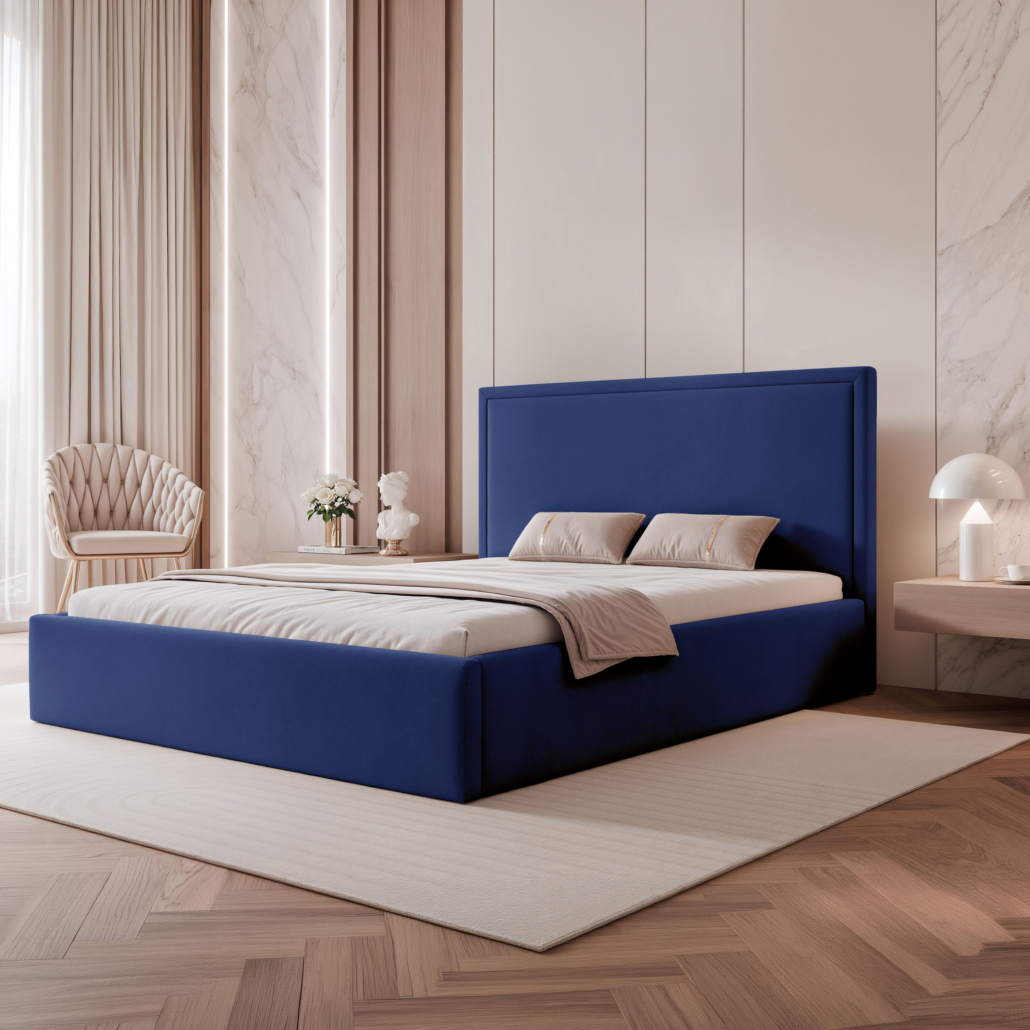 Polsterbett 140x200 cm Asurro mit Stauraum, Metallrahmen, blauer hydrophober Samt