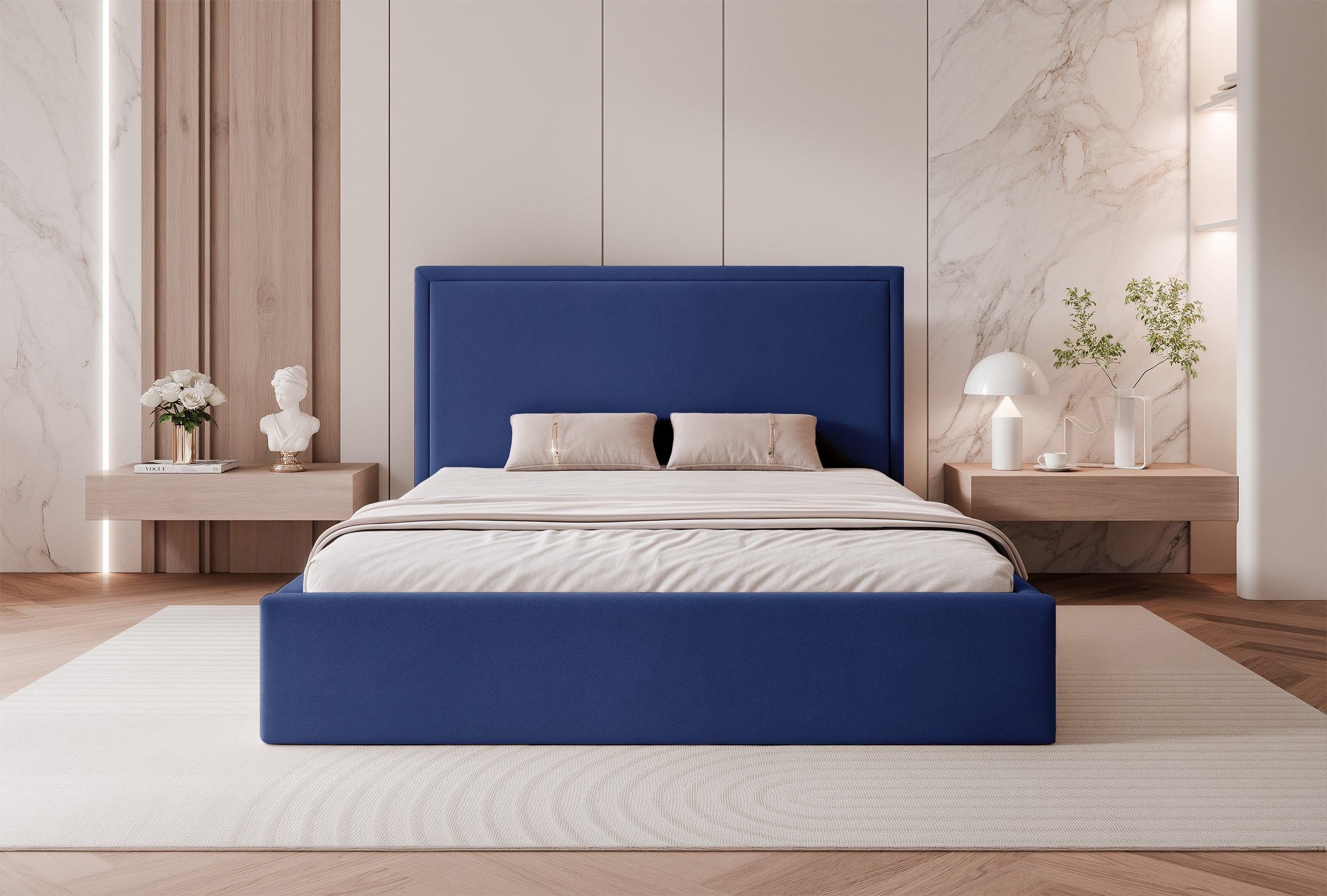 Polsterbett 140x200 cm Asurro mit Stauraum, Metallrahmen, blauer hydrophober Samt