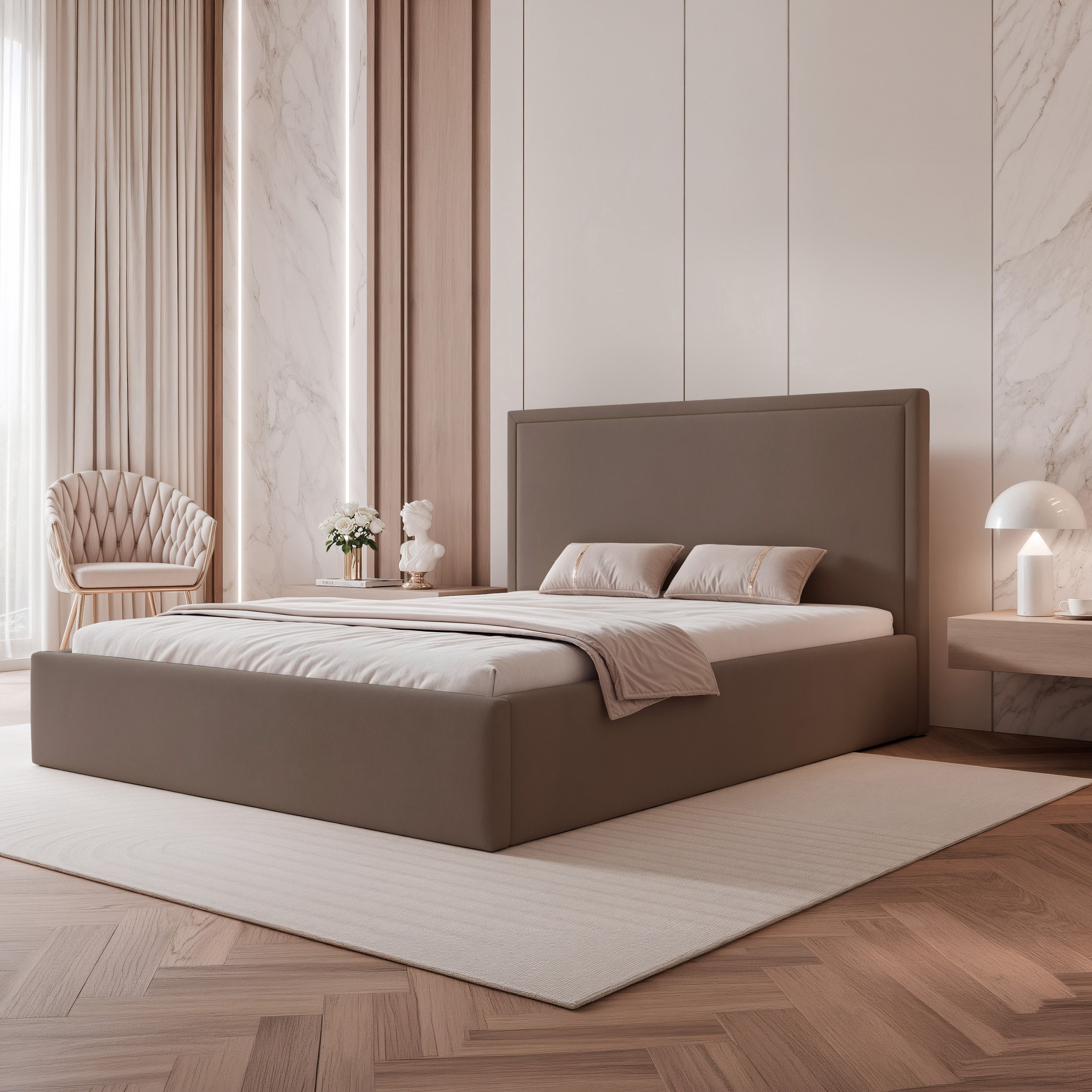 Polsterbett 140x200 cm Asurro mit Stauraum, Metallrahmen, brauner hydrophober Samt
