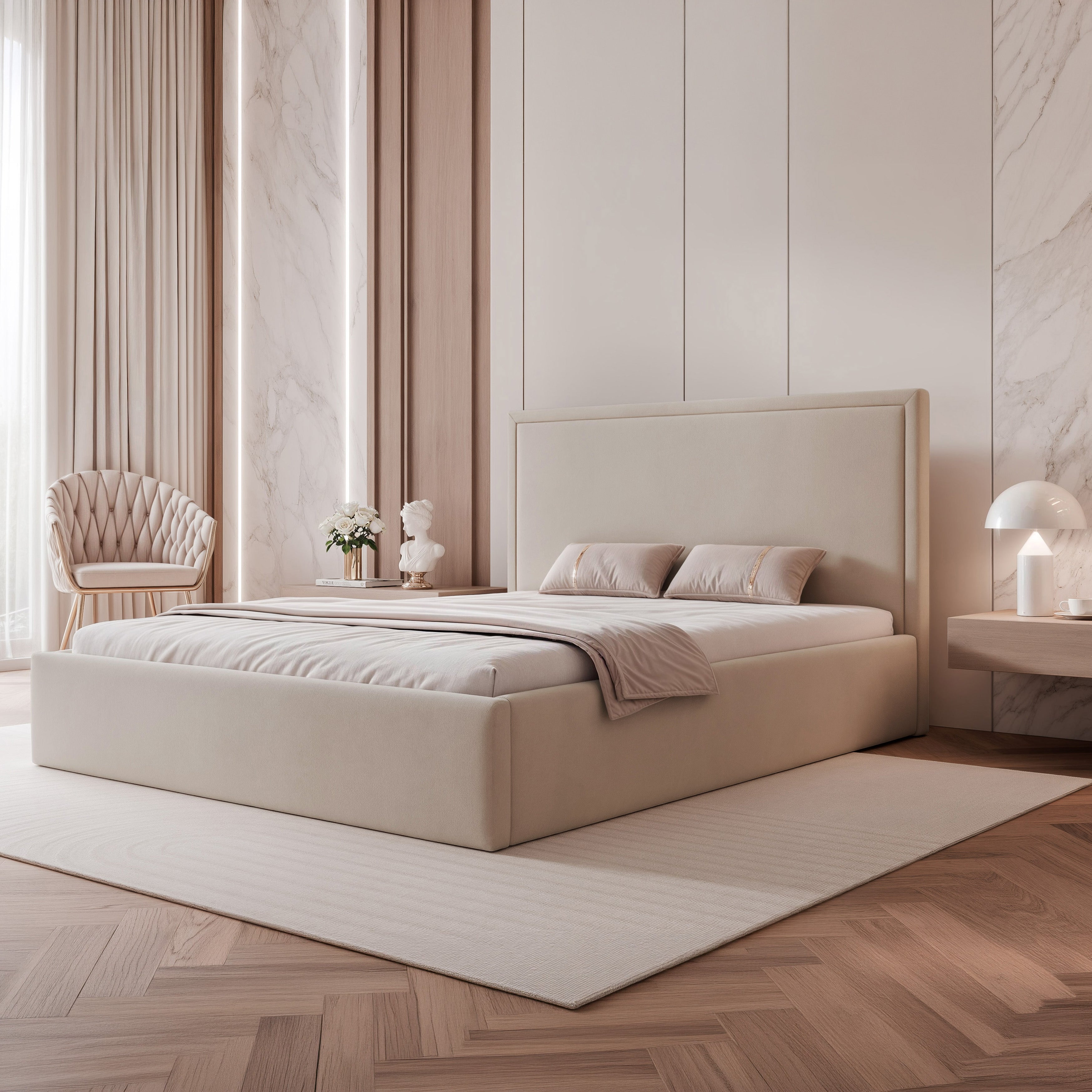 Gepolstertes Bett 180x200 cm Asurro mit Stauraum, Metallrahmen, beige Velours, wasserabweisend
