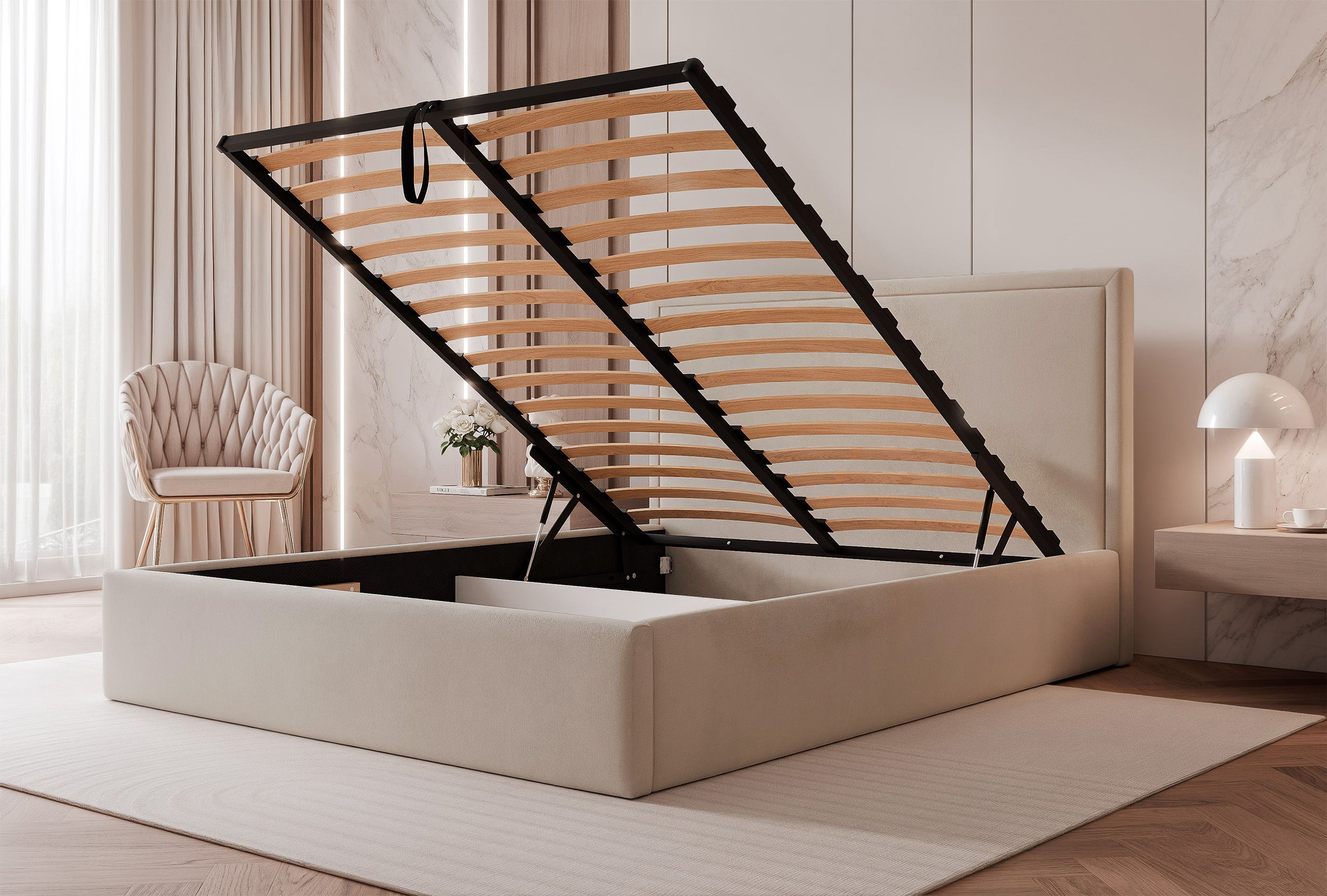 Gepolstertes Bett 180x200 cm Asurro mit Stauraum, Metallrahmen, beige Velours, wasserabweisend