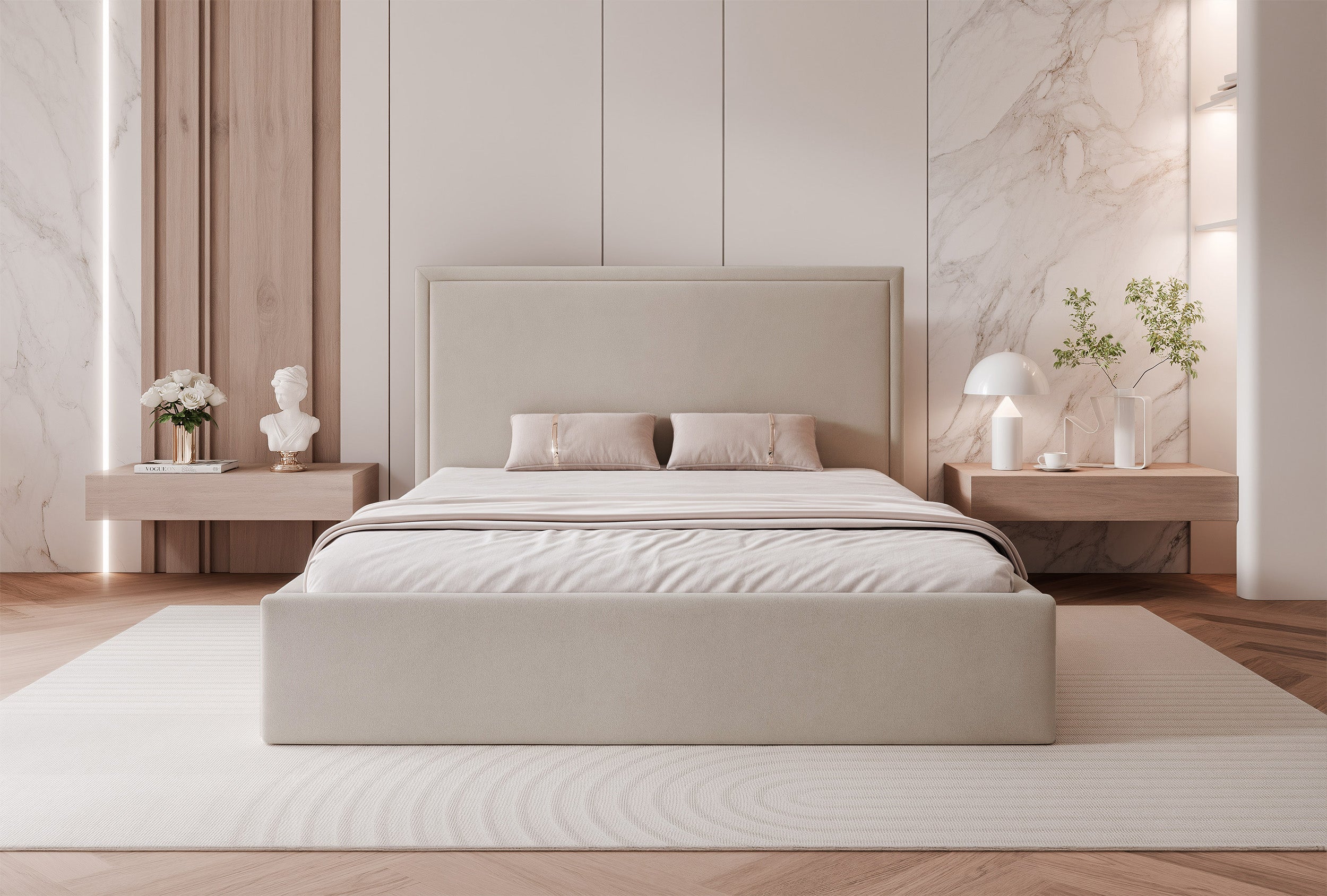 Gepolstertes Bett 180x200 cm Asurro mit Stauraum, Metallrahmen, beige Velours, wasserabweisend