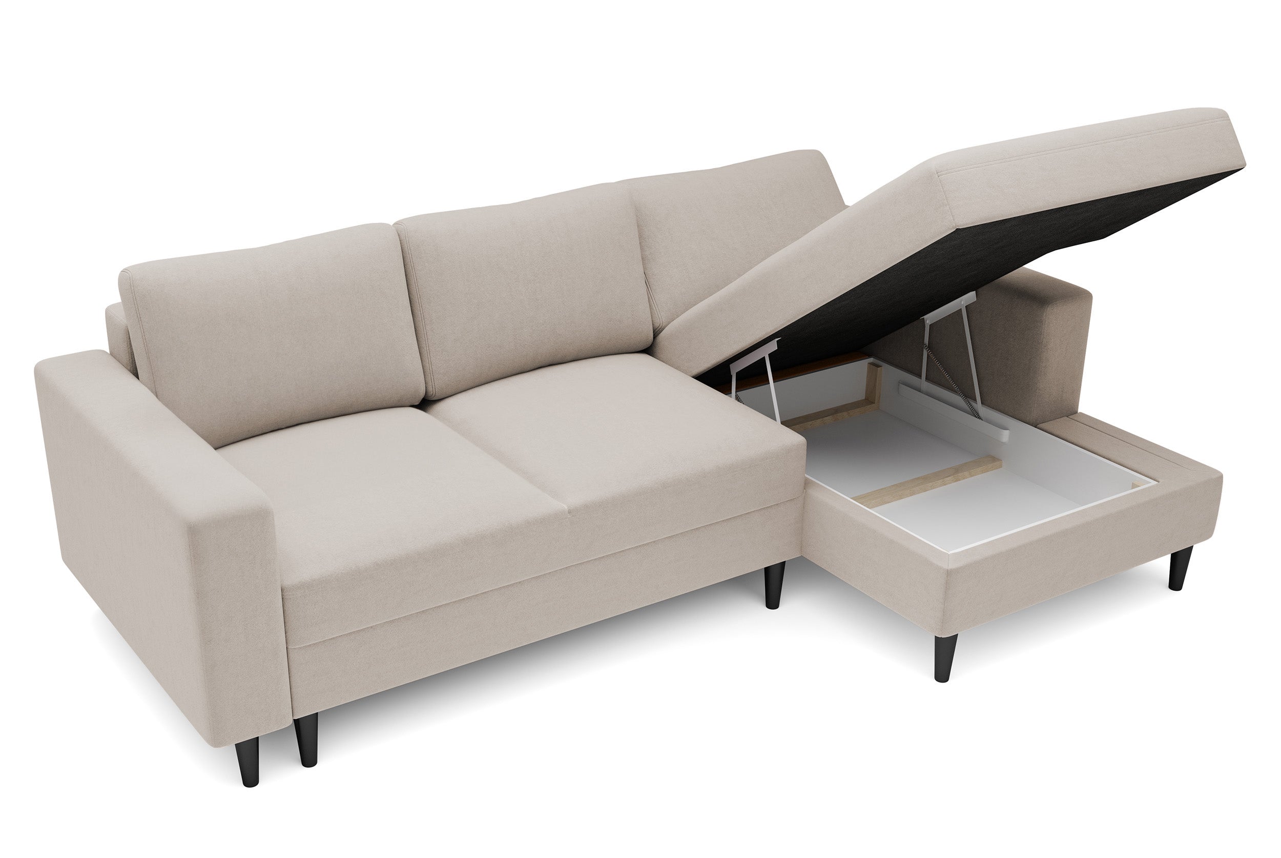 Ecksofa mit Schlaffunktion Nalika, L-förmig, mit Stauraum, beige Velours, wasserabweisend, rechtsseitig