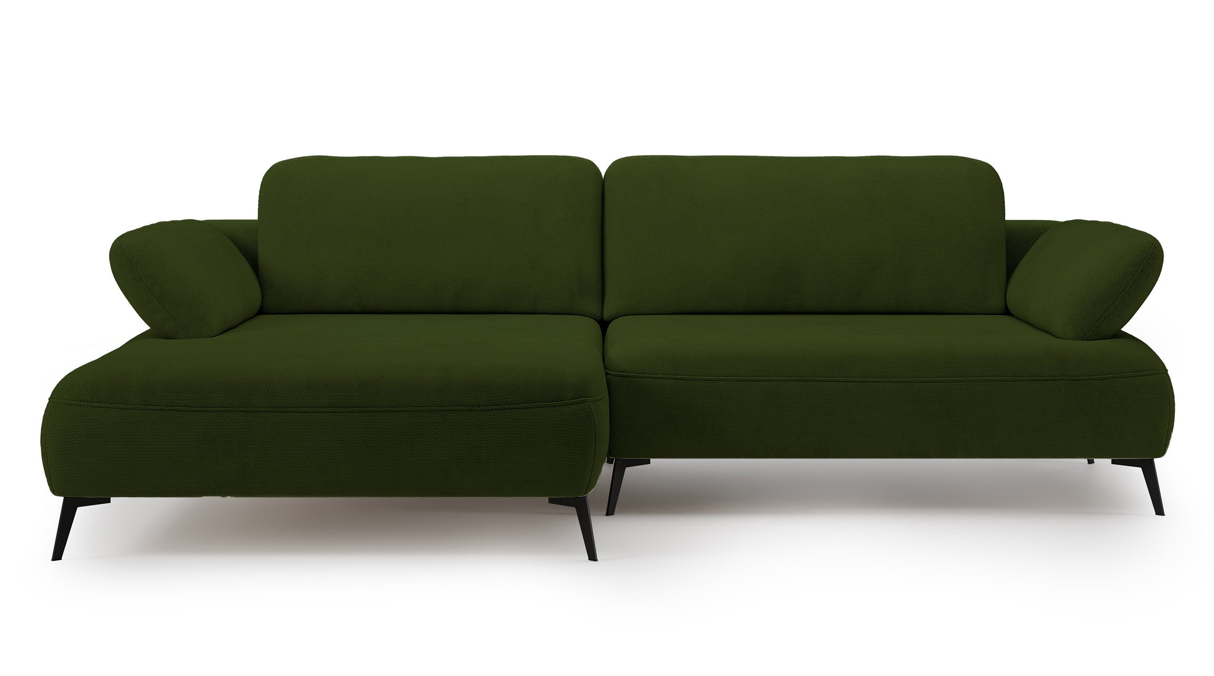 Ecksofa mit Schlaffunktion Avolla, L-förmig, linksseitig, mit Stauraum, olivgrüner hydrophober Chenillestoff