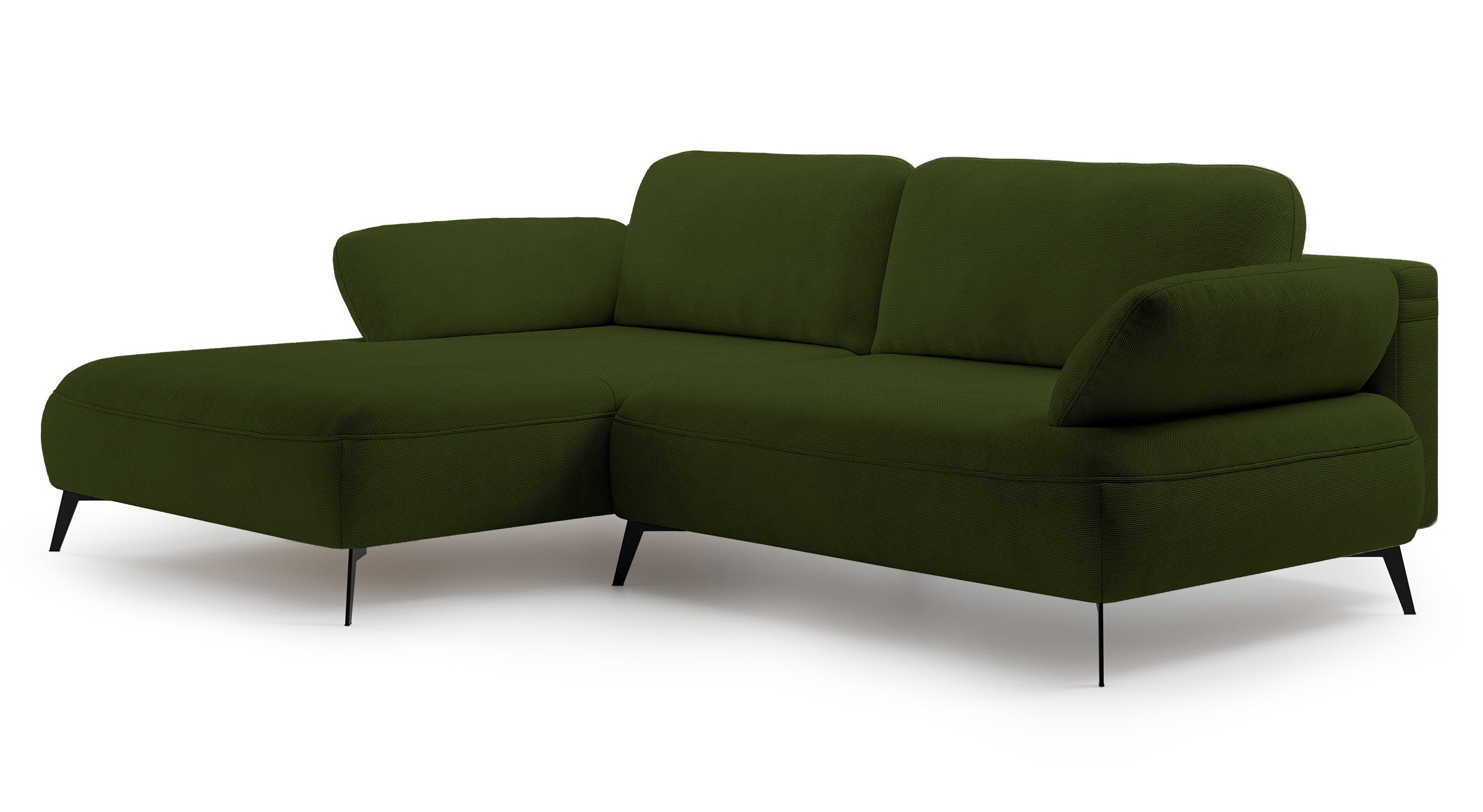 Ecksofa mit Schlaffunktion Avolla, L-förmig, linksseitig, mit Stauraum, olivgrüner hydrophober Chenillestoff