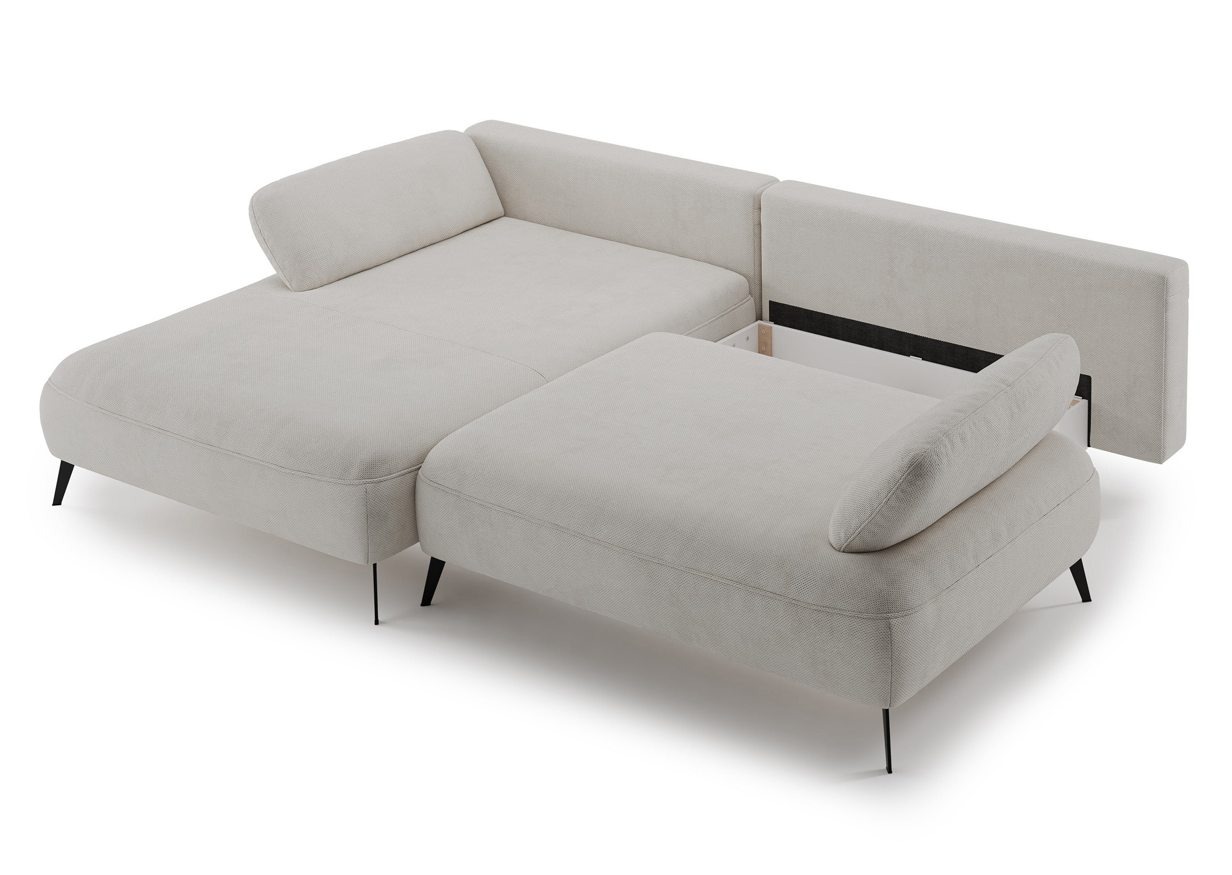 Ecksofa mit Schlaffunktion Avolla, L-förmig, linksseitig, mit Stauraum, grau-beiger hydrophober Chenille-Bezug