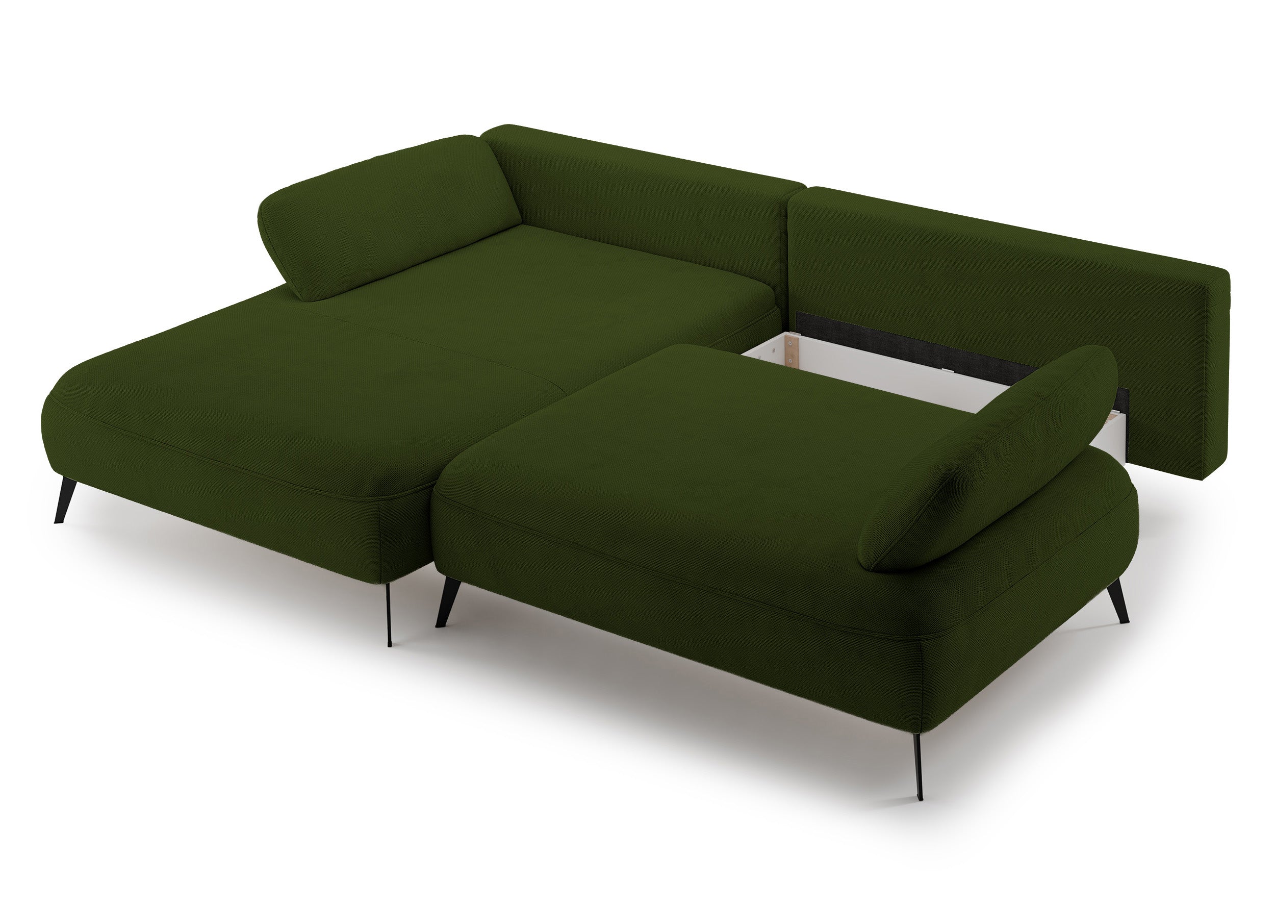 Ecksofa mit Schlaffunktion Avolla, L-förmig, linksseitig, mit Stauraum, olivgrüner hydrophober Chenillestoff