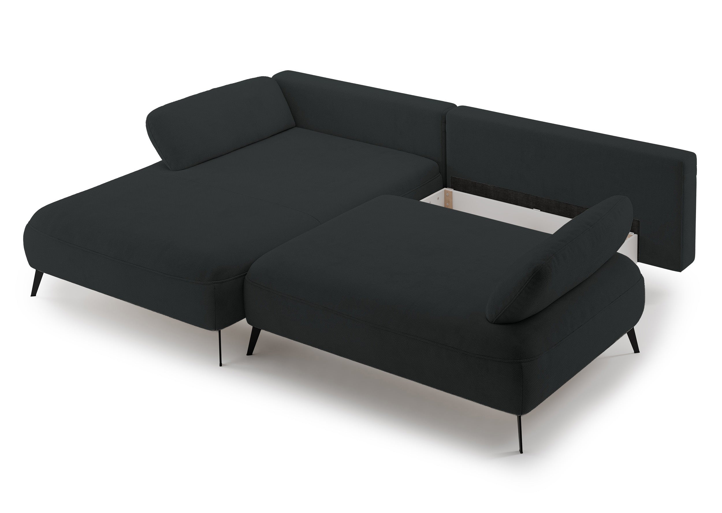Ecksofa mit Schlaffunktion Avolla, L-förmig, linke Seite, mit Stauraum, graphitfarbener hydrophober Chenille-Stoff