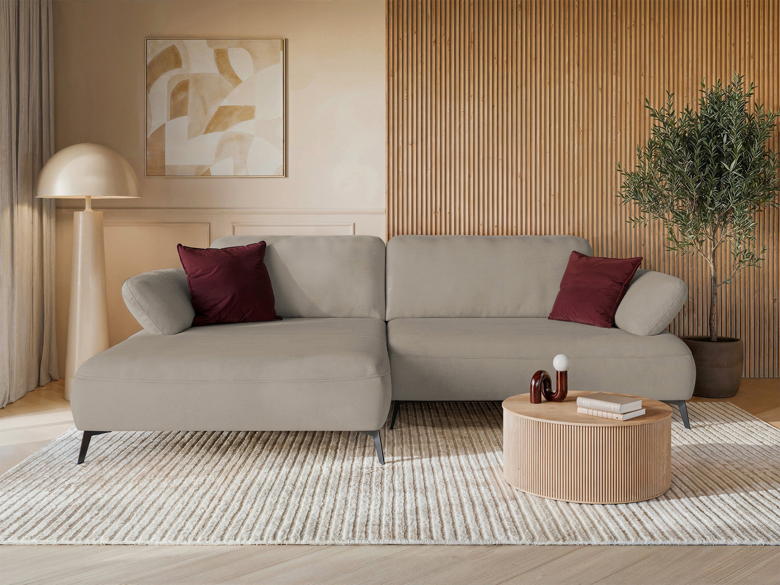 Ecksofa mit Schlaffunktion Avolla, L-förmig, linksseitig, mit Stauraum, dunkelbeige, hydrophober Chenille-Stoff