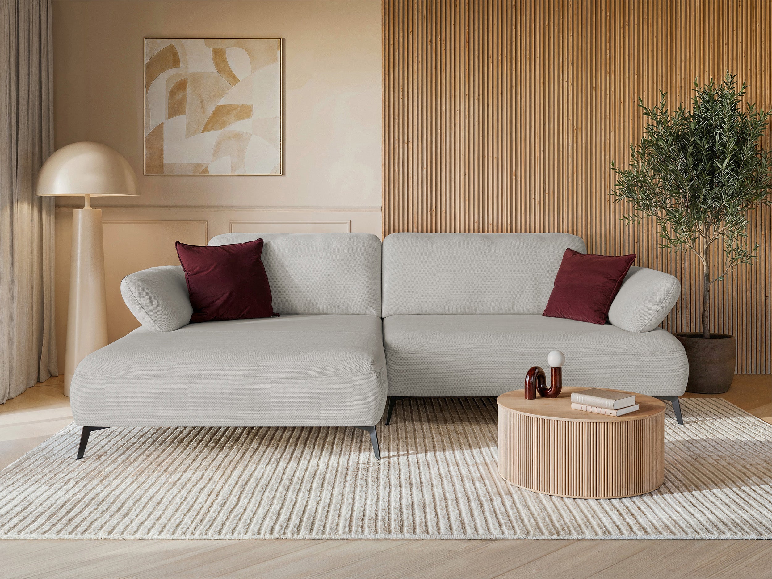 Ecksofa mit Schlaffunktion Avolla, L-förmig, linksseitig, mit Stauraum, grau-beiger hydrophober Chenille-Bezug