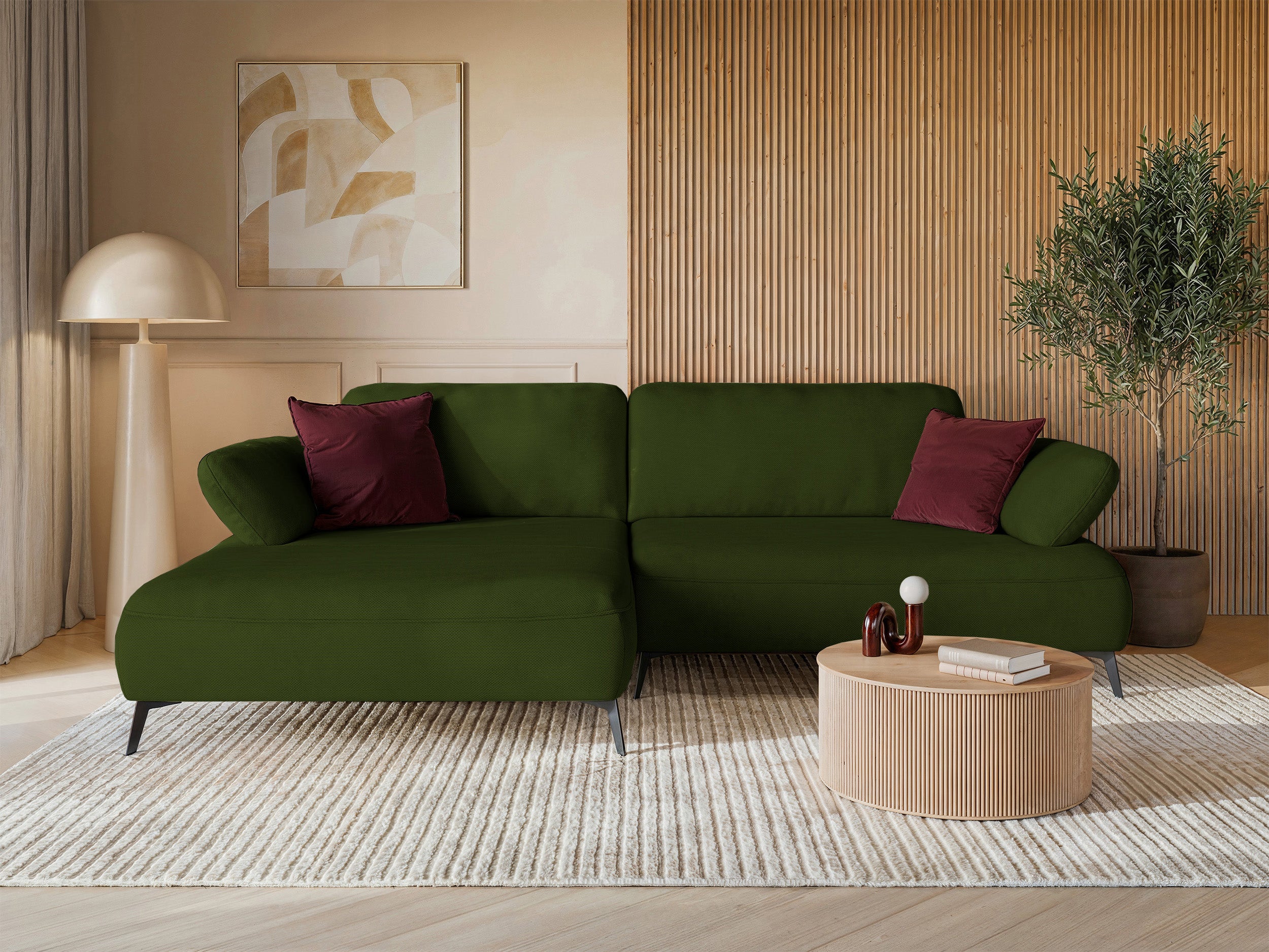 Ecksofa mit Schlaffunktion Avolla, L-förmig, linksseitig, mit Stauraum, olivgrüner hydrophober Chenillestoff
