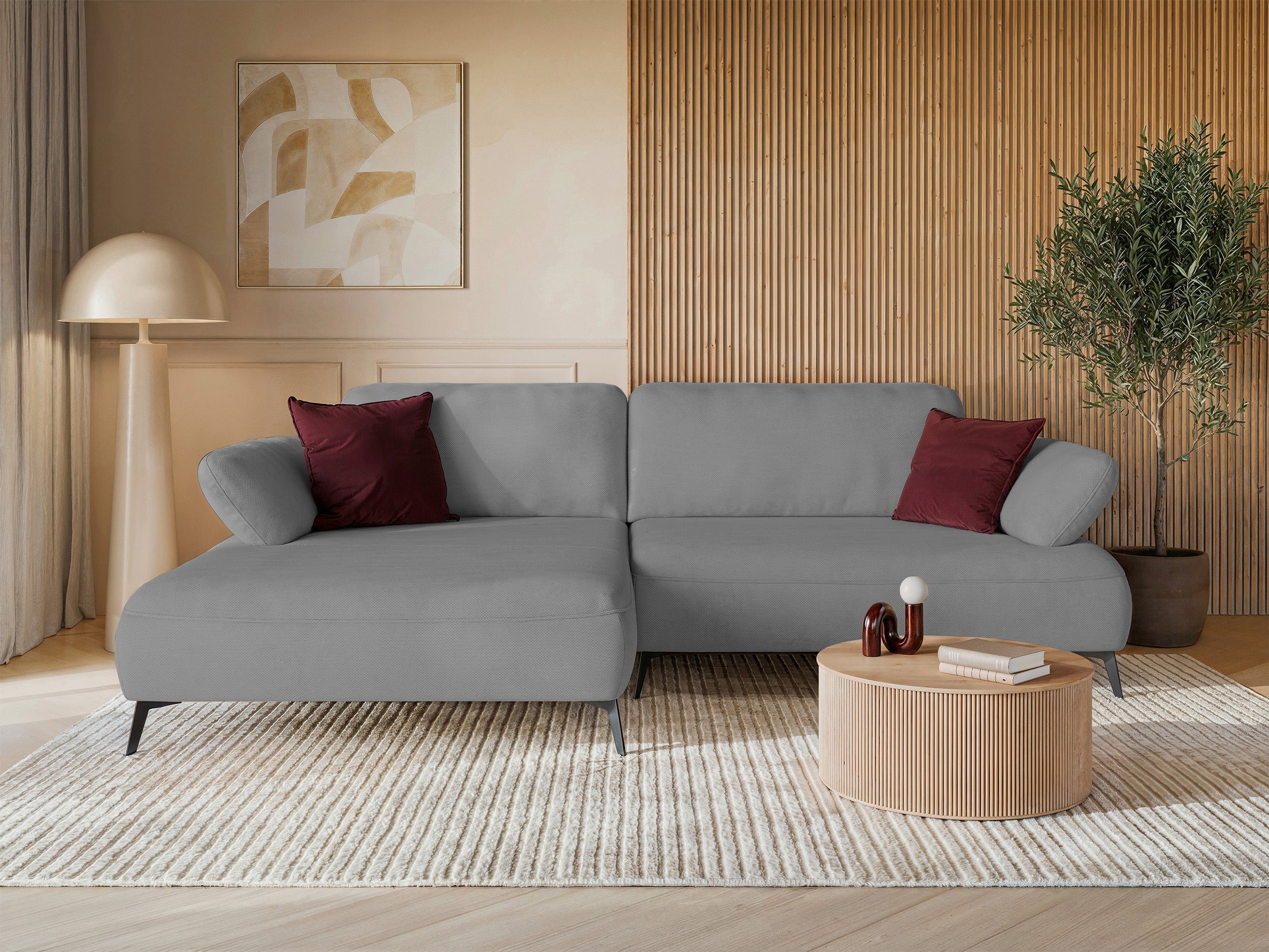Ecksofa mit Schlaffunktion Avolla, L-förmig, linksseitig, mit Stauraum, grauer hydrophober Chenille-Stoff