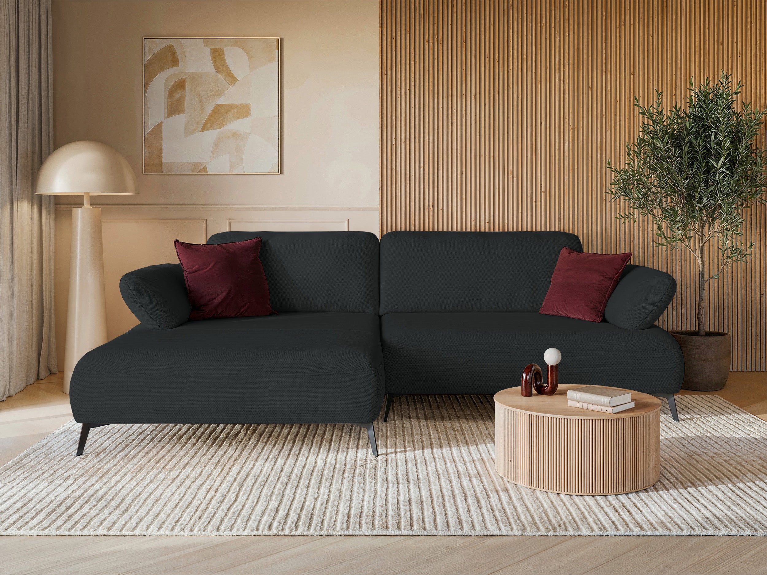 Ecksofa mit Schlaffunktion Avolla, L-förmig, linke Seite, mit Stauraum, graphitfarbener hydrophober Chenille-Stoff