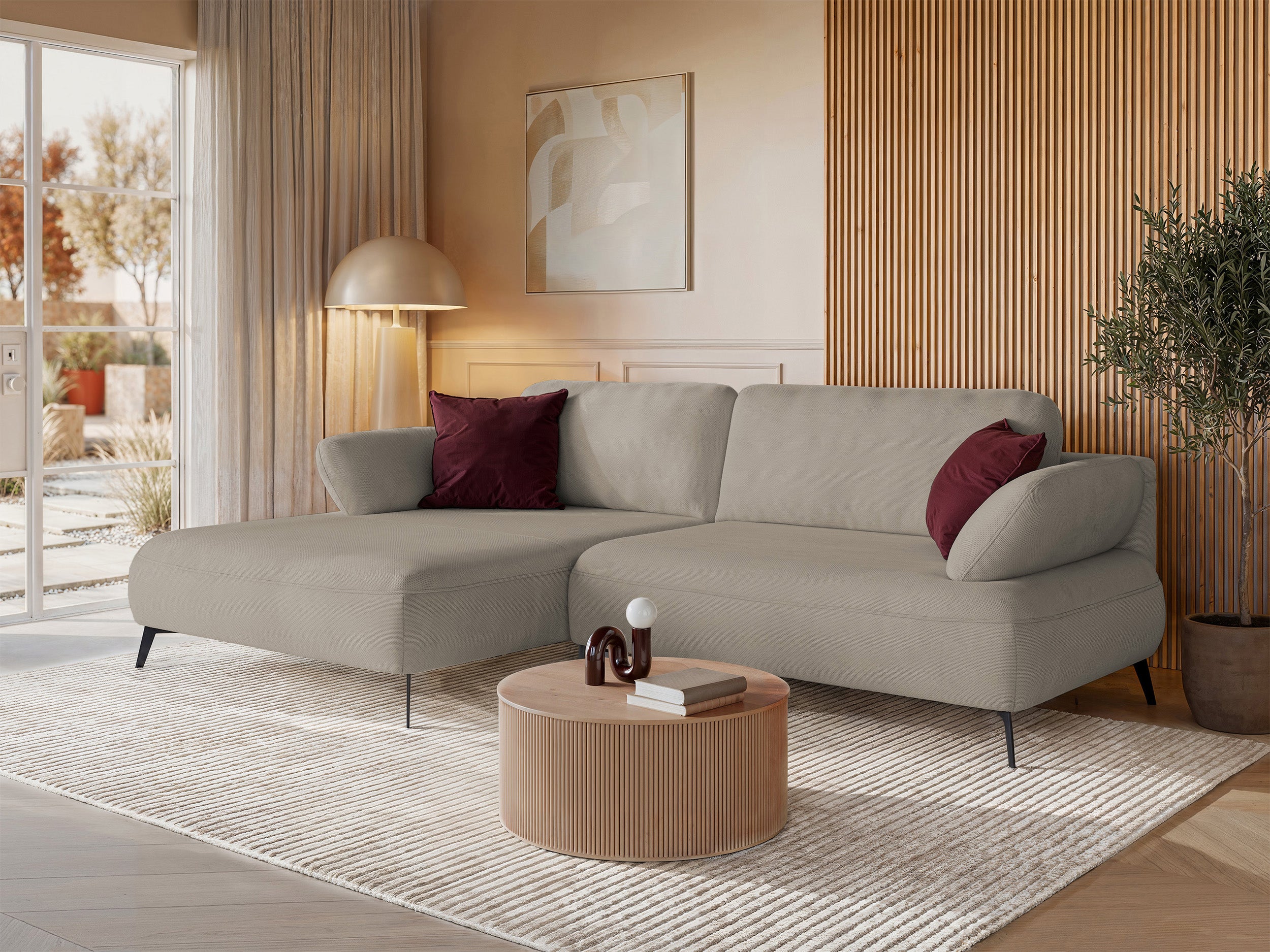 Ecksofa mit Schlaffunktion Avolla, L-förmig, linksseitig, mit Stauraum, dunkelbeige, hydrophober Chenille-Stoff