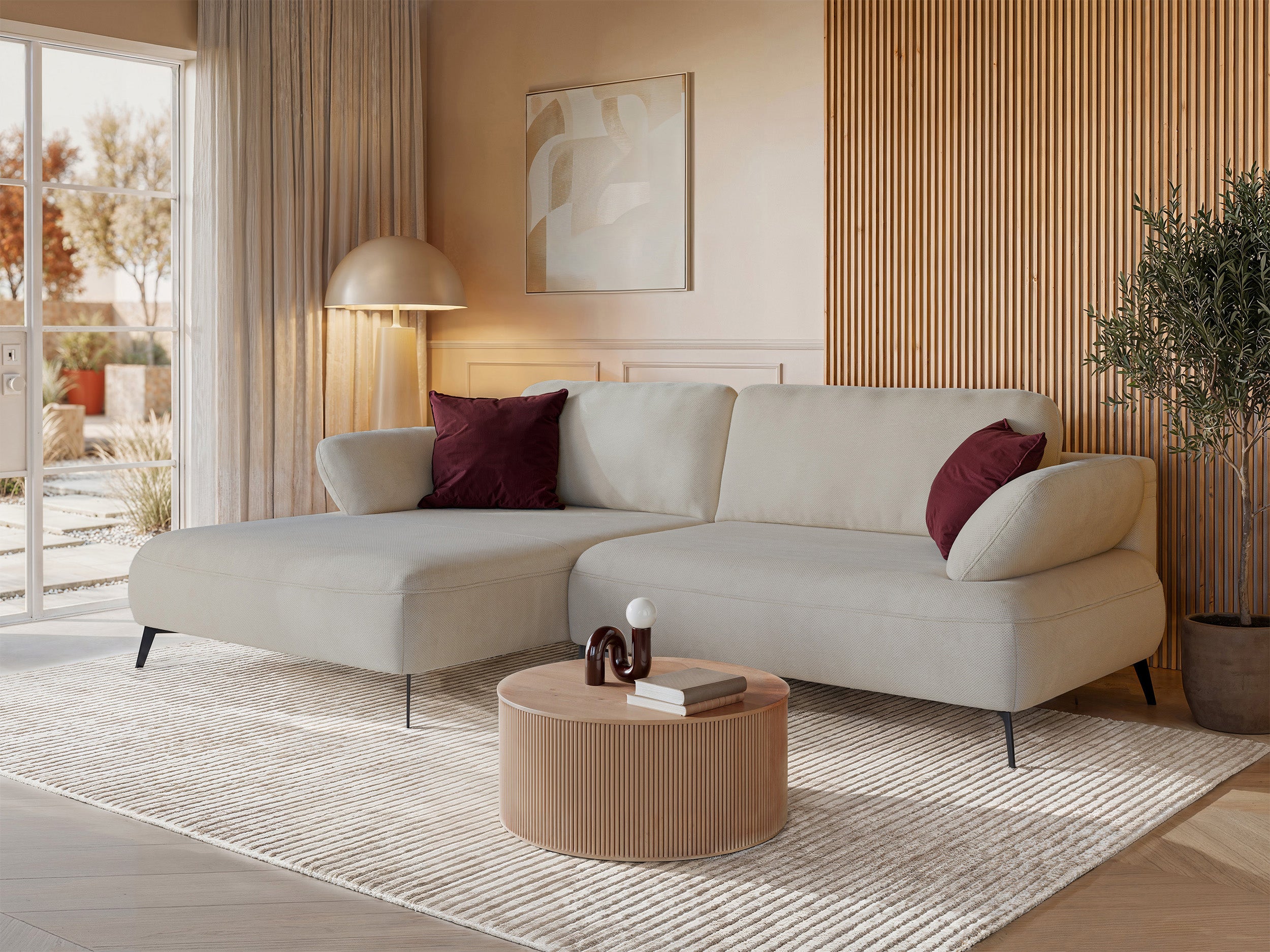 Ecksofa mit Schlaffunktion Avolla, L-förmig, linksseitig, mit Stauraum, beige, hydrophobes Chenille