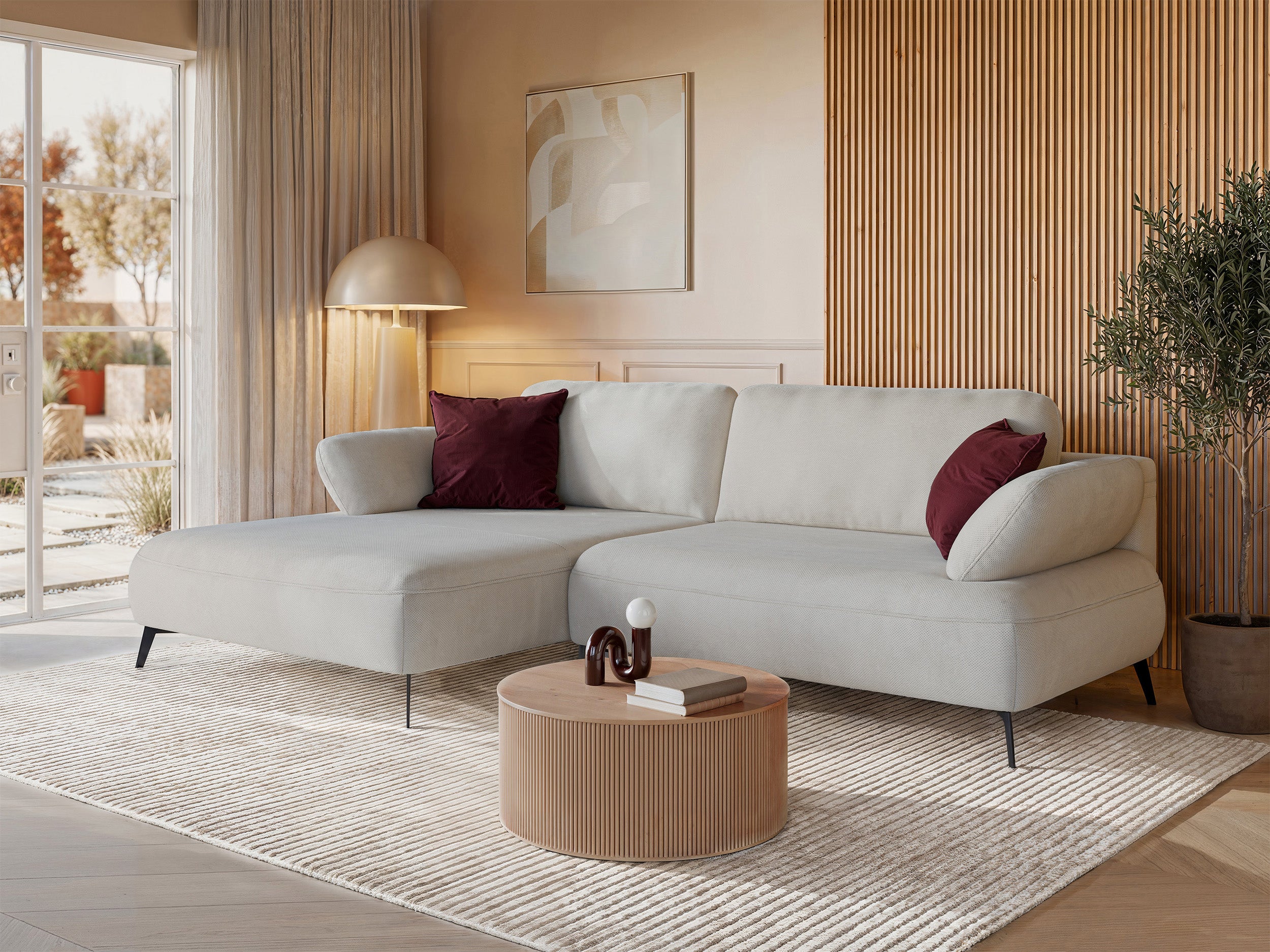 Ecksofa mit Schlaffunktion Avolla, L-förmig, linksseitig, mit Stauraum, grau-beiger hydrophober Chenille-Bezug