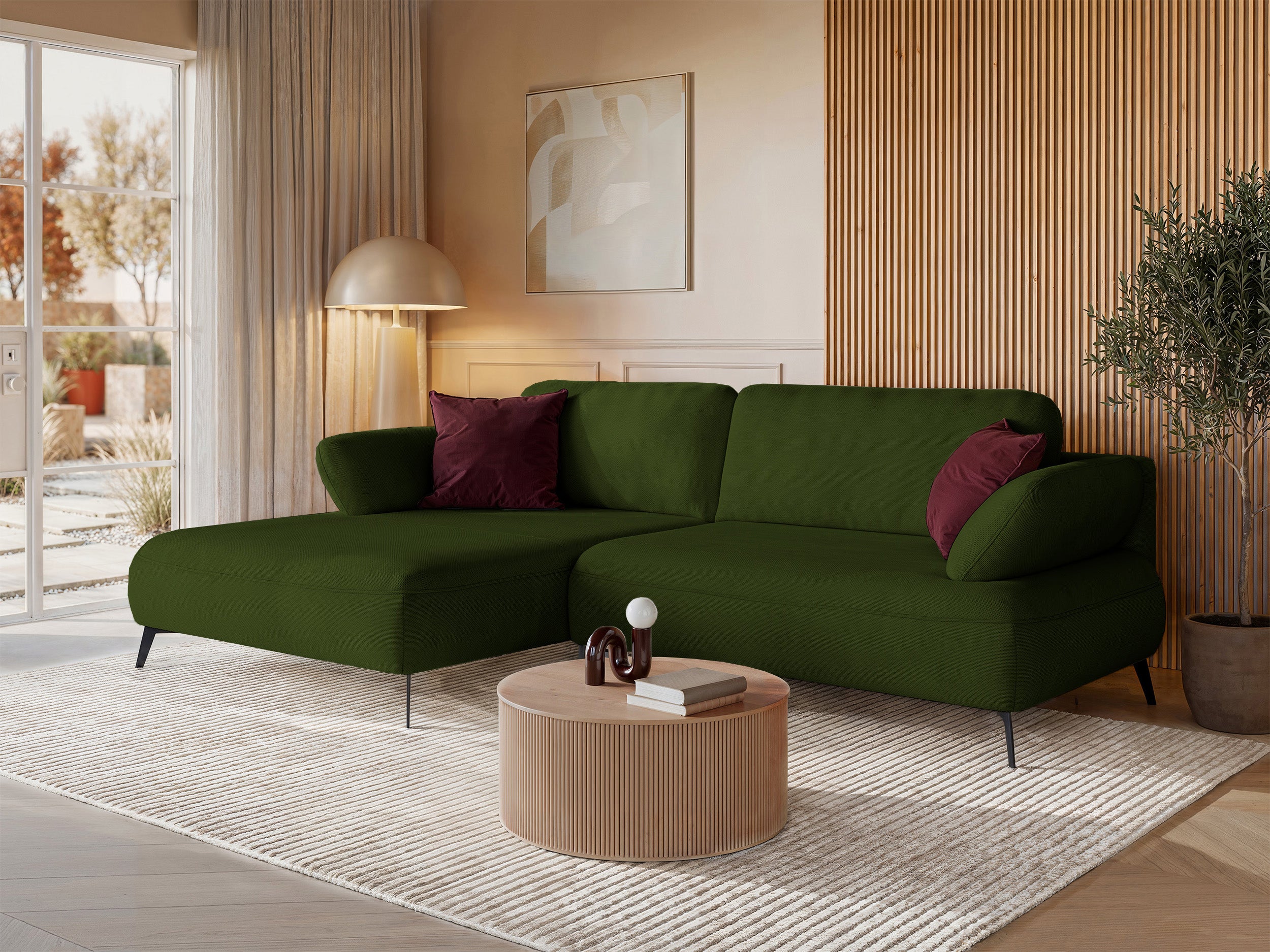 Ecksofa mit Schlaffunktion Avolla, L-förmig, linksseitig, mit Stauraum, olivgrüner hydrophober Chenillestoff