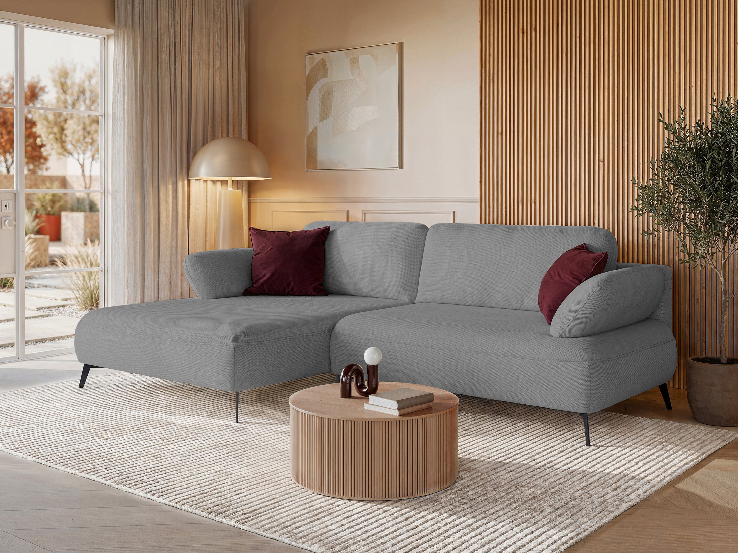 Ecksofa mit Schlaffunktion Avolla, L-förmig, linksseitig, mit Stauraum, grauer hydrophober Chenille-Stoff