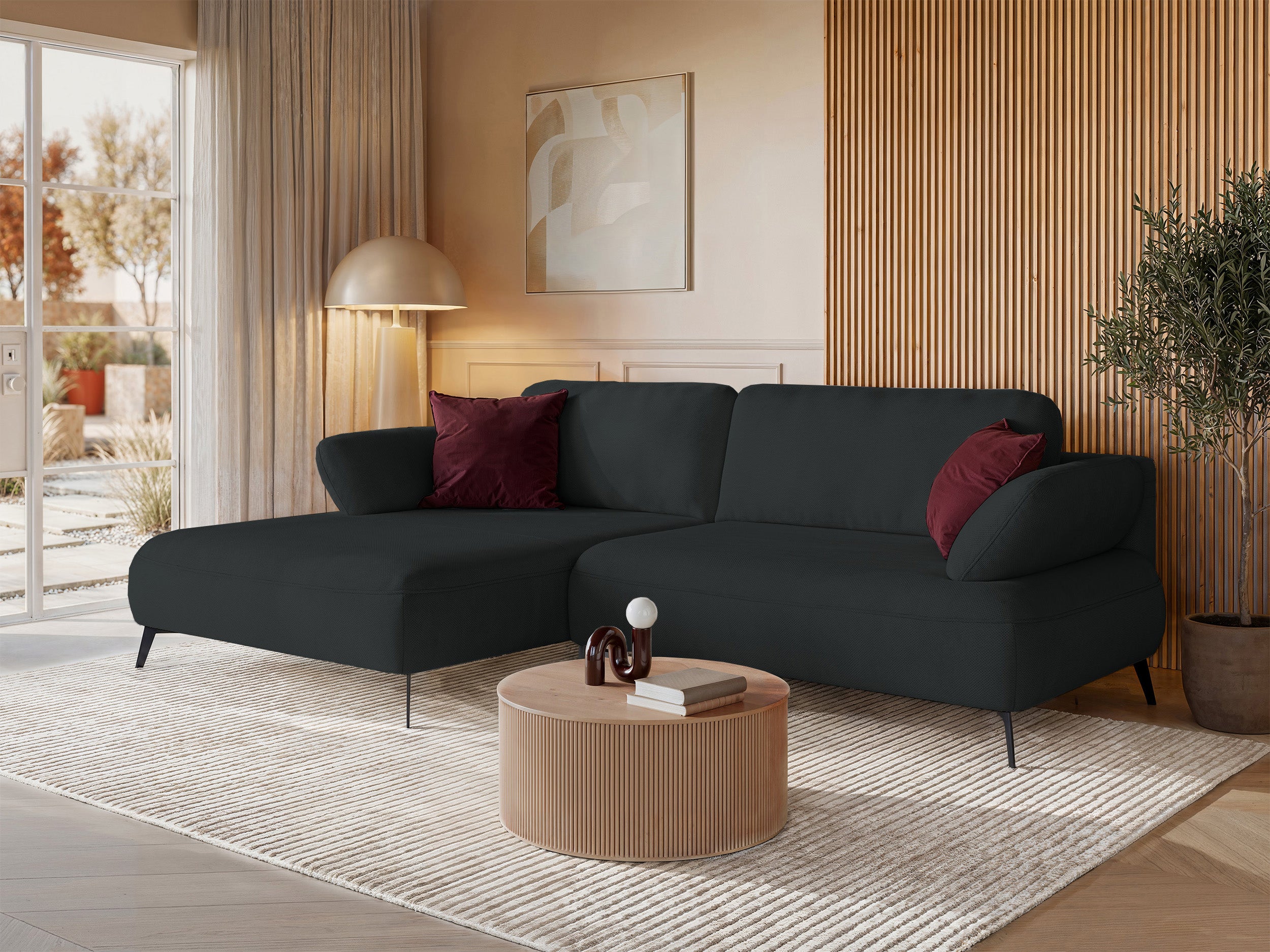 Ecksofa mit Schlaffunktion Avolla, L-förmig, linke Seite, mit Stauraum, graphitfarbener hydrophober Chenille-Stoff