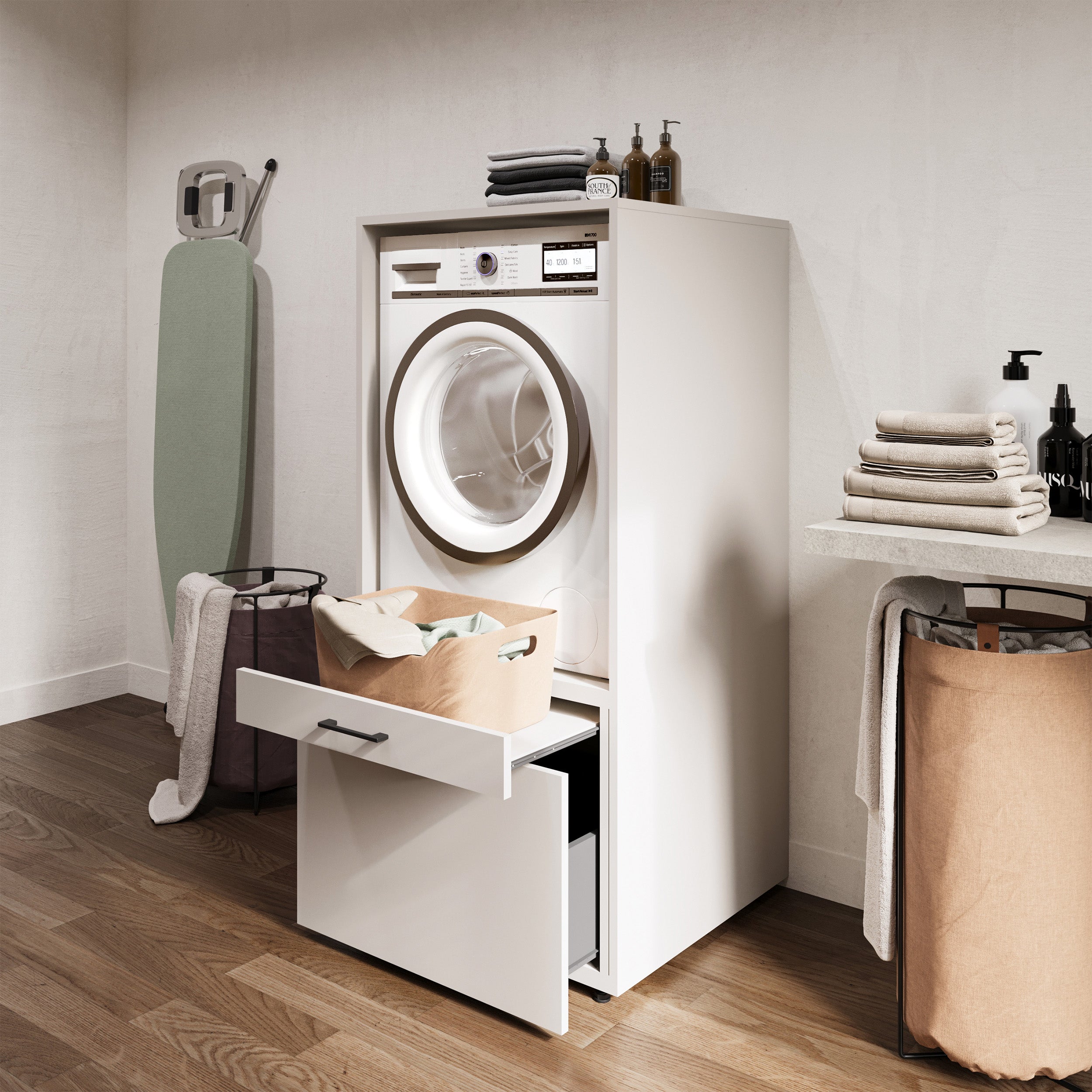 Waschmaschinenschrank Aza mit Schublade und Kaschmir-Regal