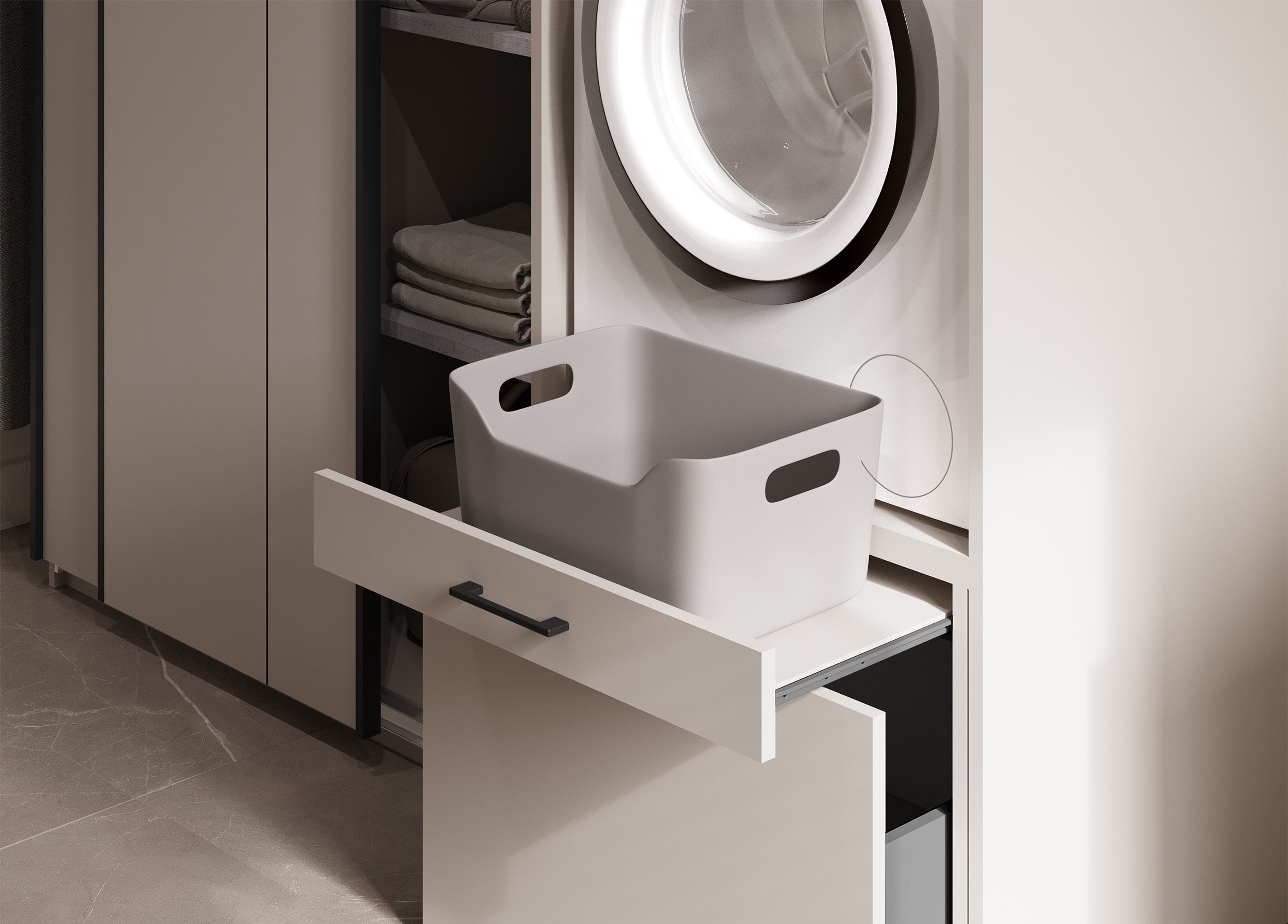 Waschmaschinenschrank Aza mit Schublade und Kaschmir-Regal