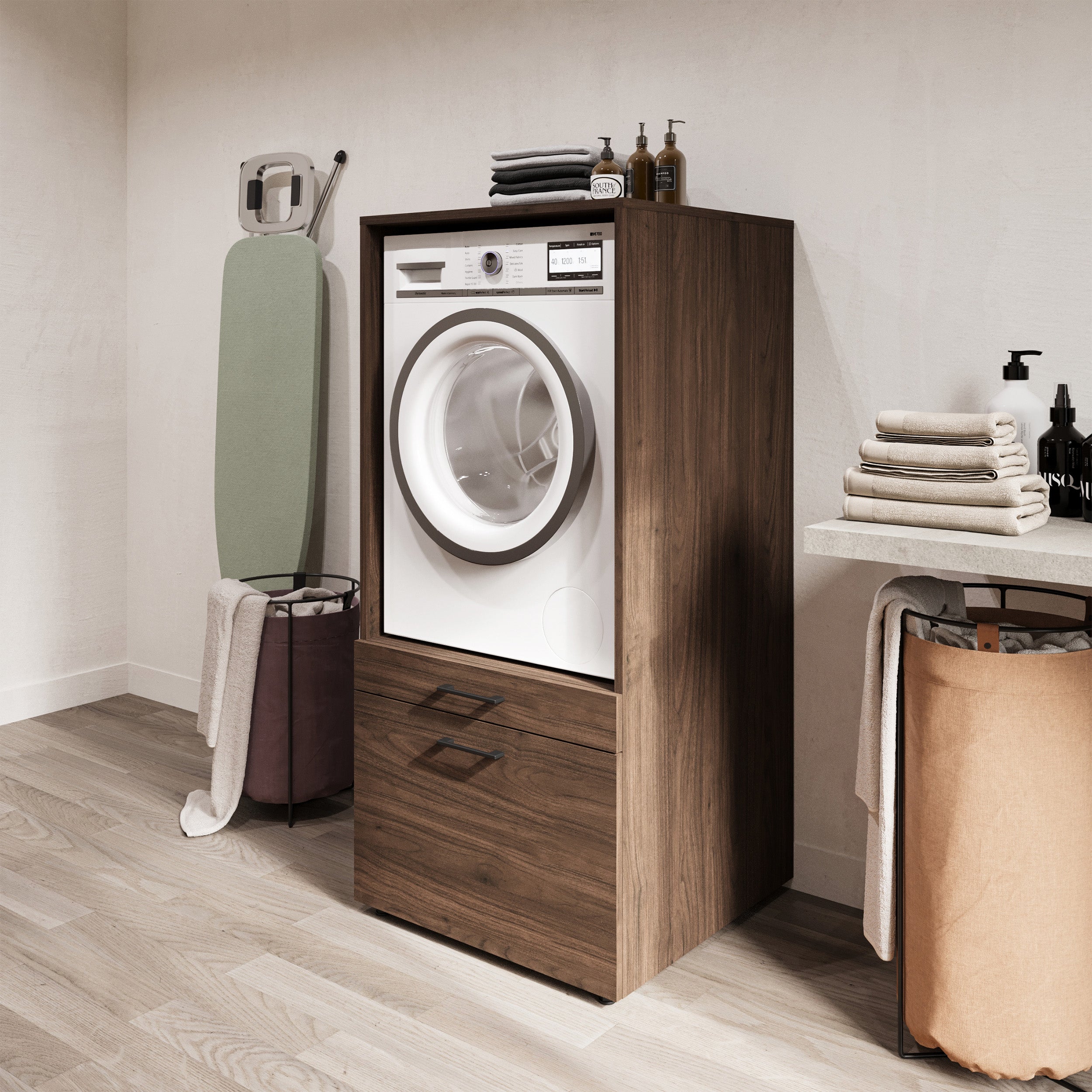 Waschmaschinenschrank Aza mit Schublade und Regal in Nussbaum Villa