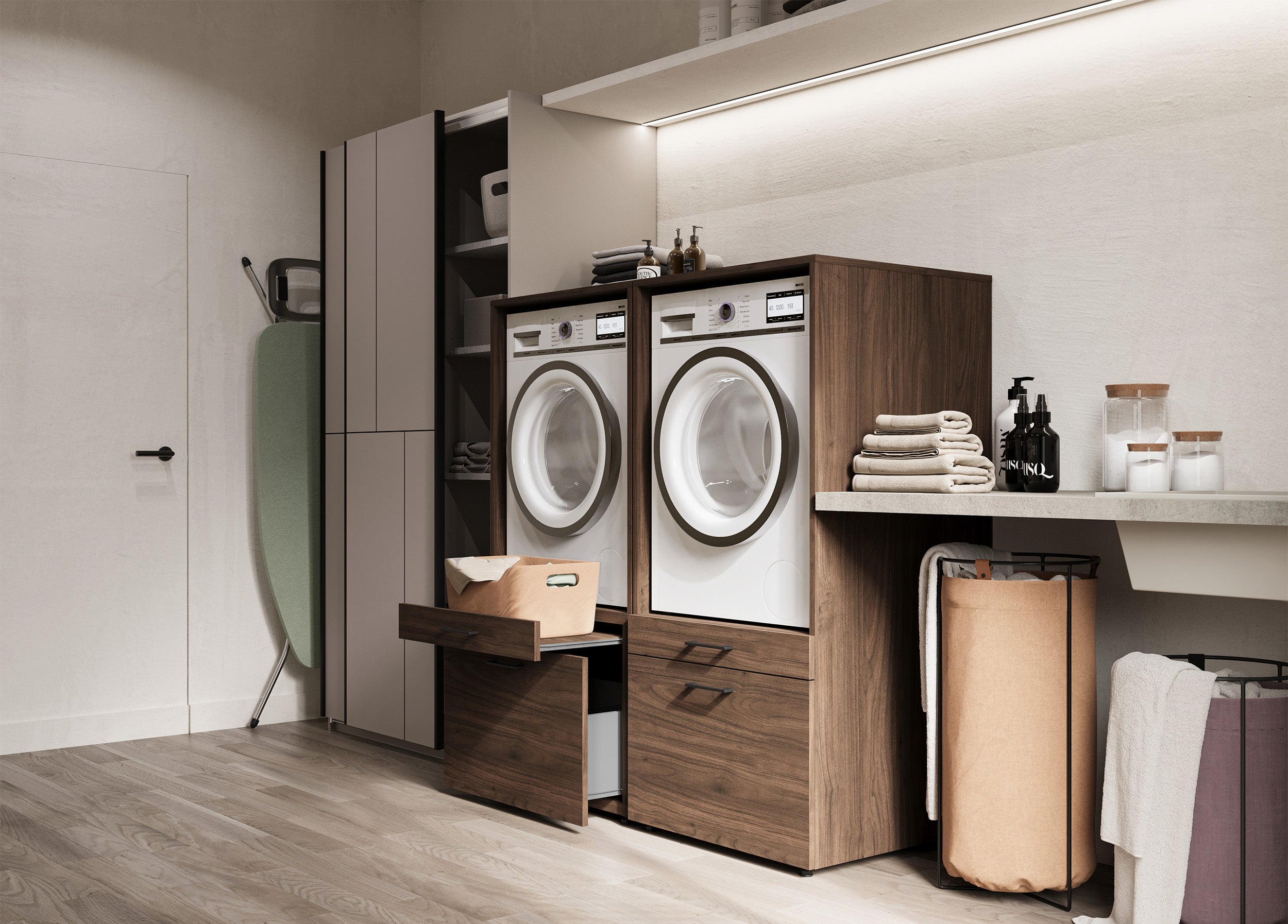 Waschmaschinenschrank Aza mit Schublade und Regal in Nussbaum Villa