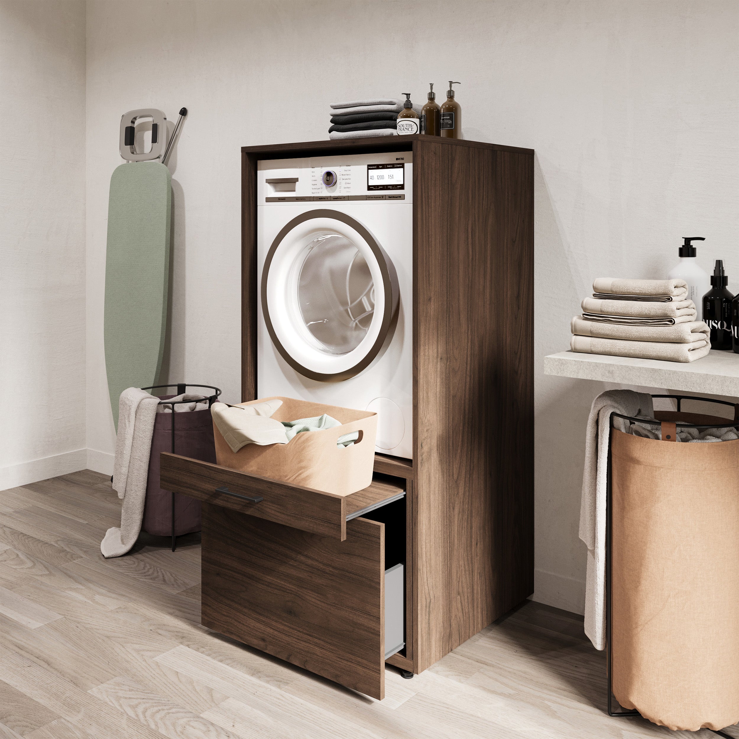 Waschmaschinenschrank Aza mit Schublade und Regal in Nussbaum Villa