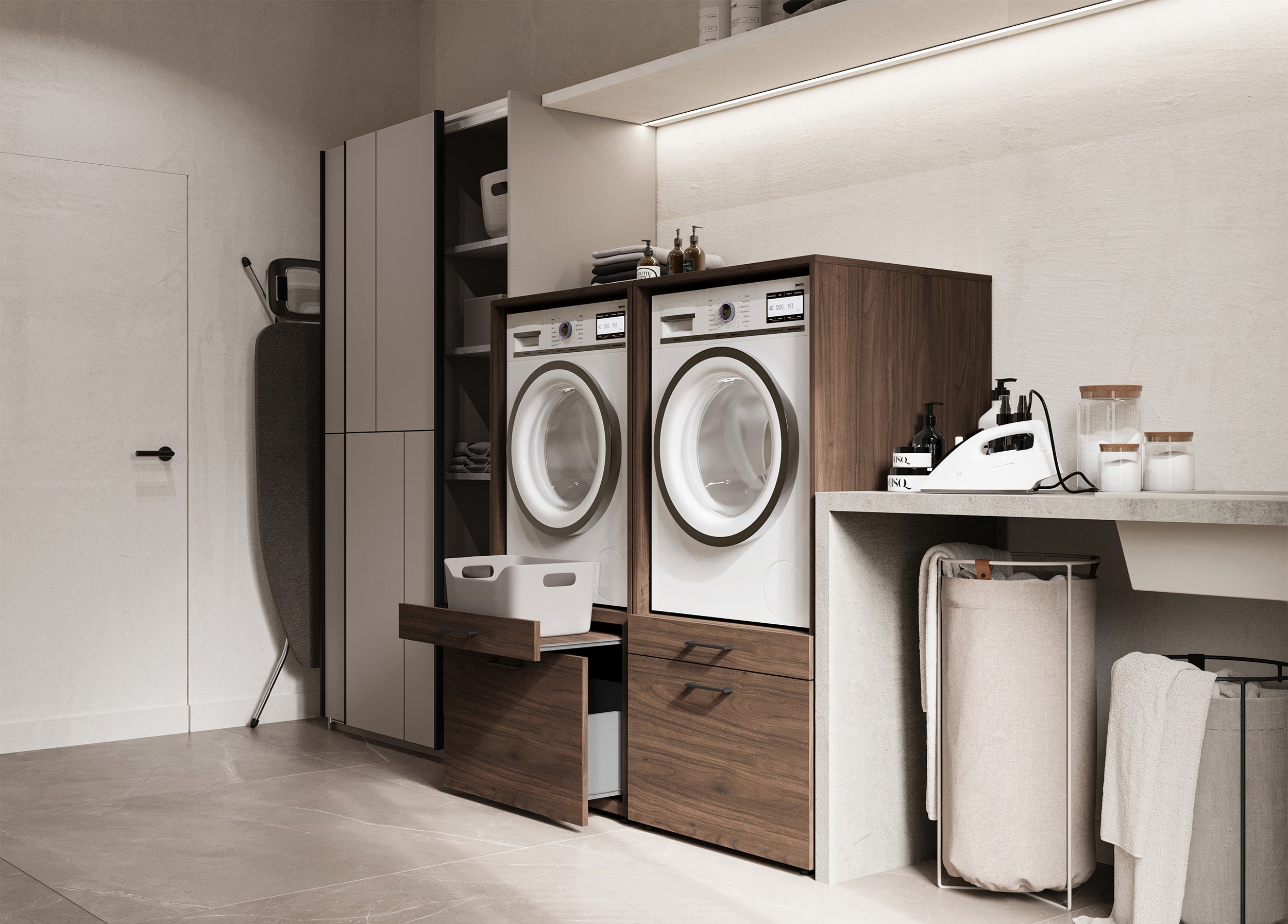 Waschmaschinenschrank Aza mit Schublade und Regal in Nussbaum Villa