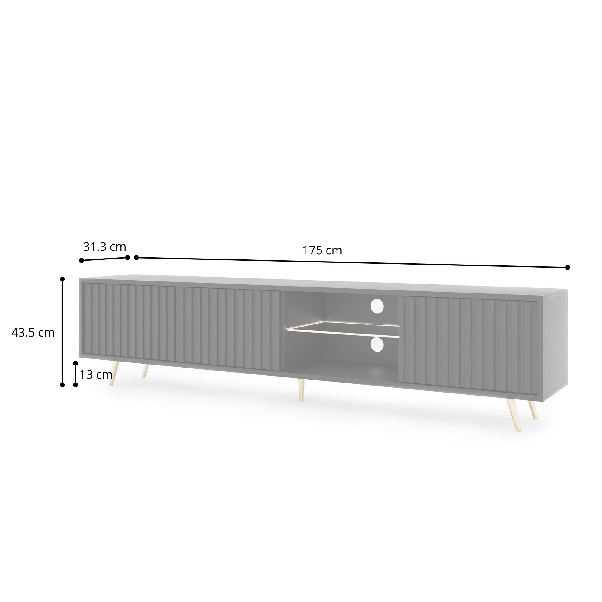 TV-Schrank Bello mit Lamellenfronten, 175 cm, schwarz, mit LED und goldenen Beinen