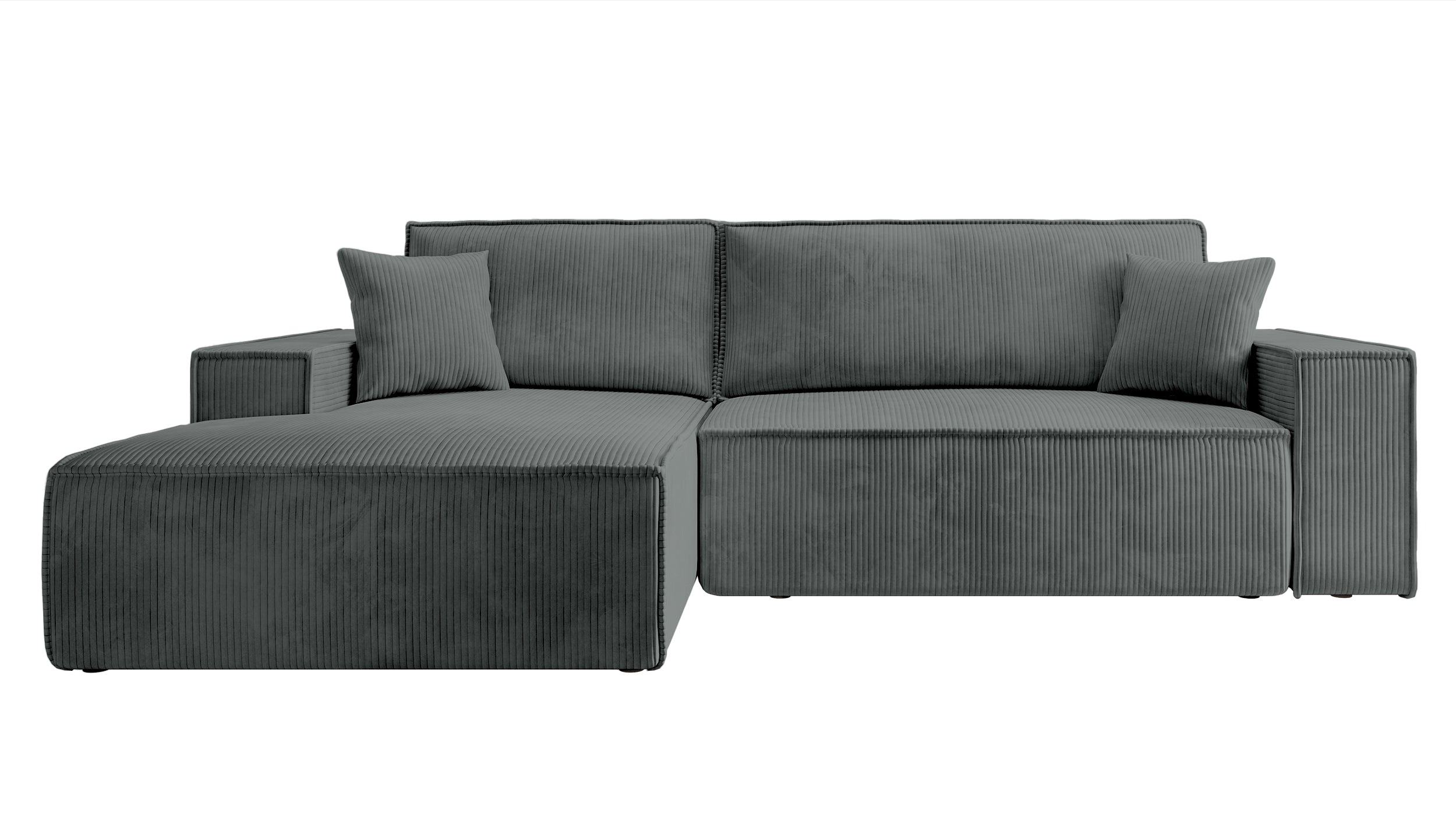 Ecksofa mit Schlaffunktion Farese New L-förmig mit Stauraum, grauer Cord, linksseitig