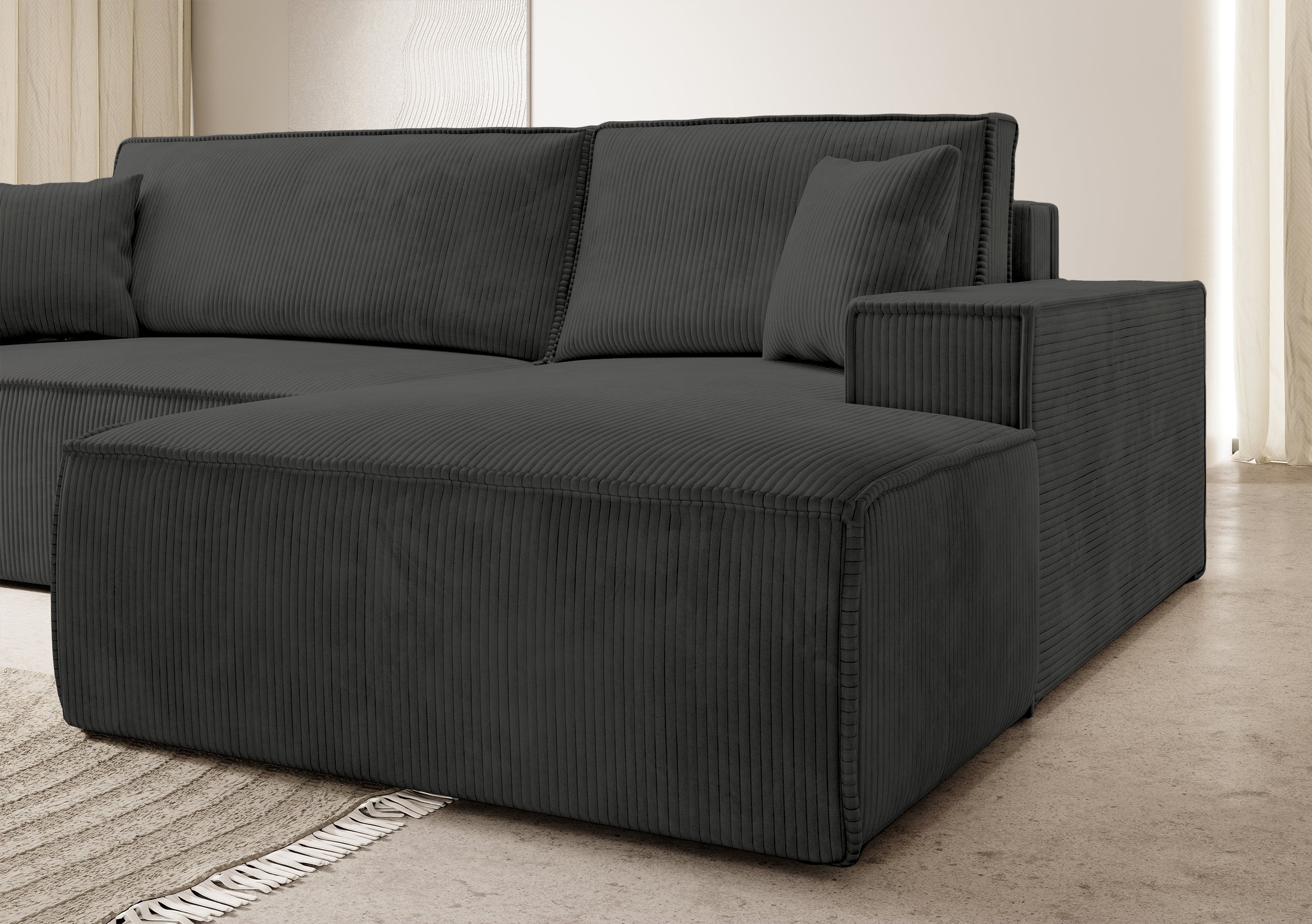Ecksofa mit Schlafunktion Farese New L-förmig mit Stauraum, dunkelgrauer Cord, rechtsseitig