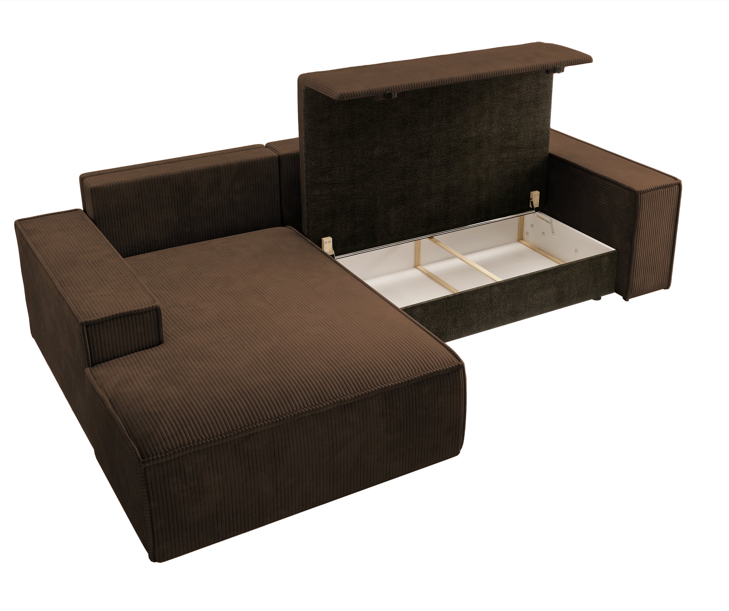 Ecksofa mit Schlaffunktion Farese New, L-förmig, mit Stauraum, brauner Cord, linksseitig