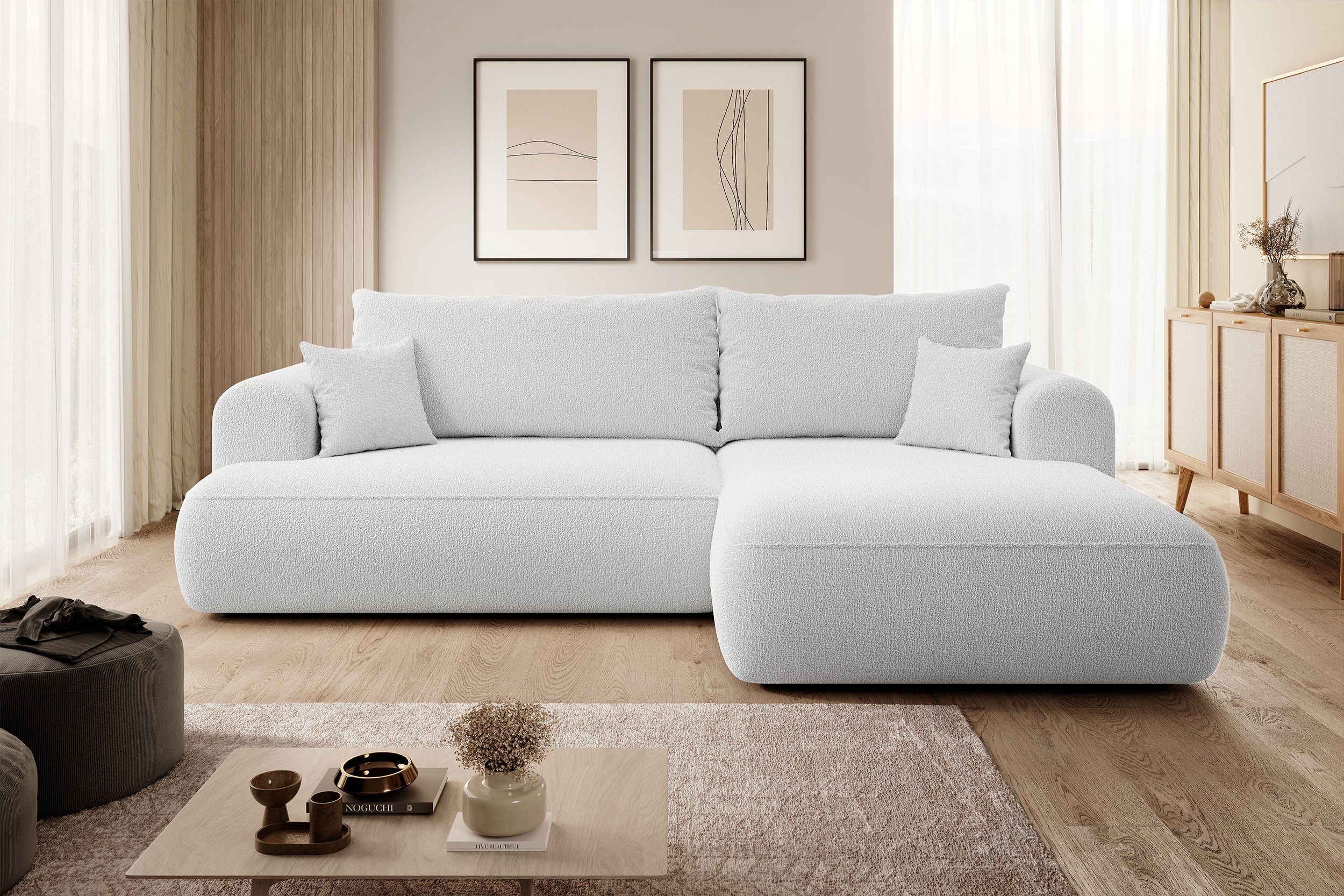 Ecksofa mit Schlaffunktion Ovo, L-förmig, grau, mit Stauraum, Bouclé, rechtsseitig