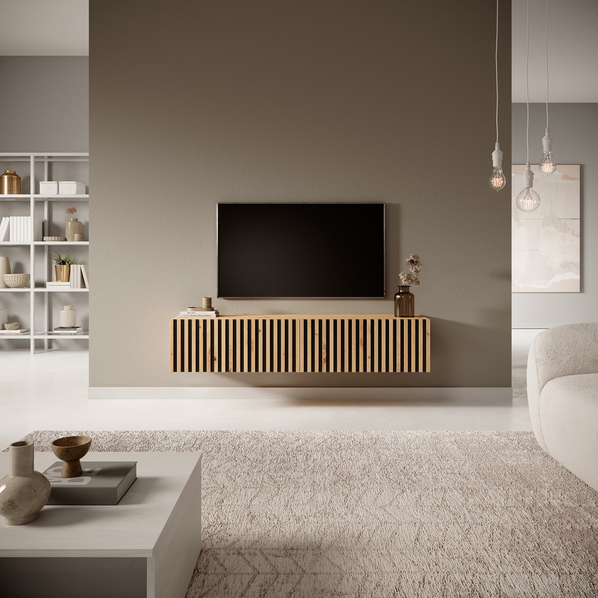 TV-Schrank Telire 138,6 cm Artisan-Eiche mit lamellenförmiger Front und schwarzen Einsätzen