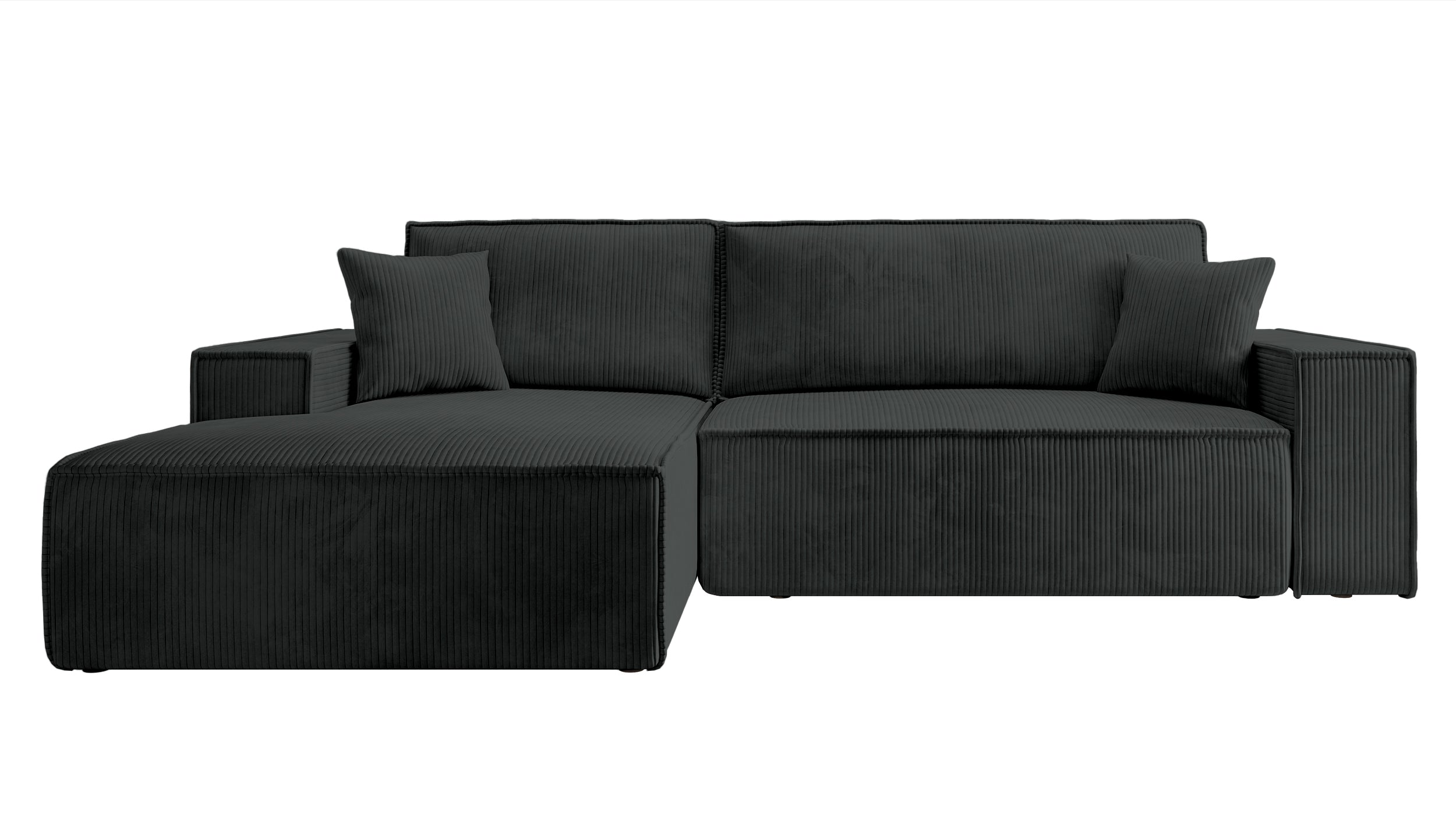 Ecksofa mit Schlaffunktion Farese New, L-förmig, mit Stauraum, schwarzer Cord, linksseitig