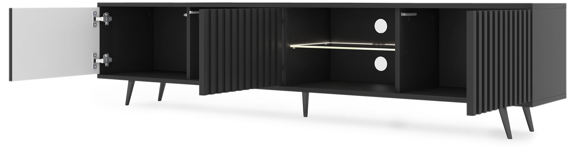 TV-Schrank Bello mit Lamellenfronten, 175 cm, schwarz, mit LED und schwarzen Beinen