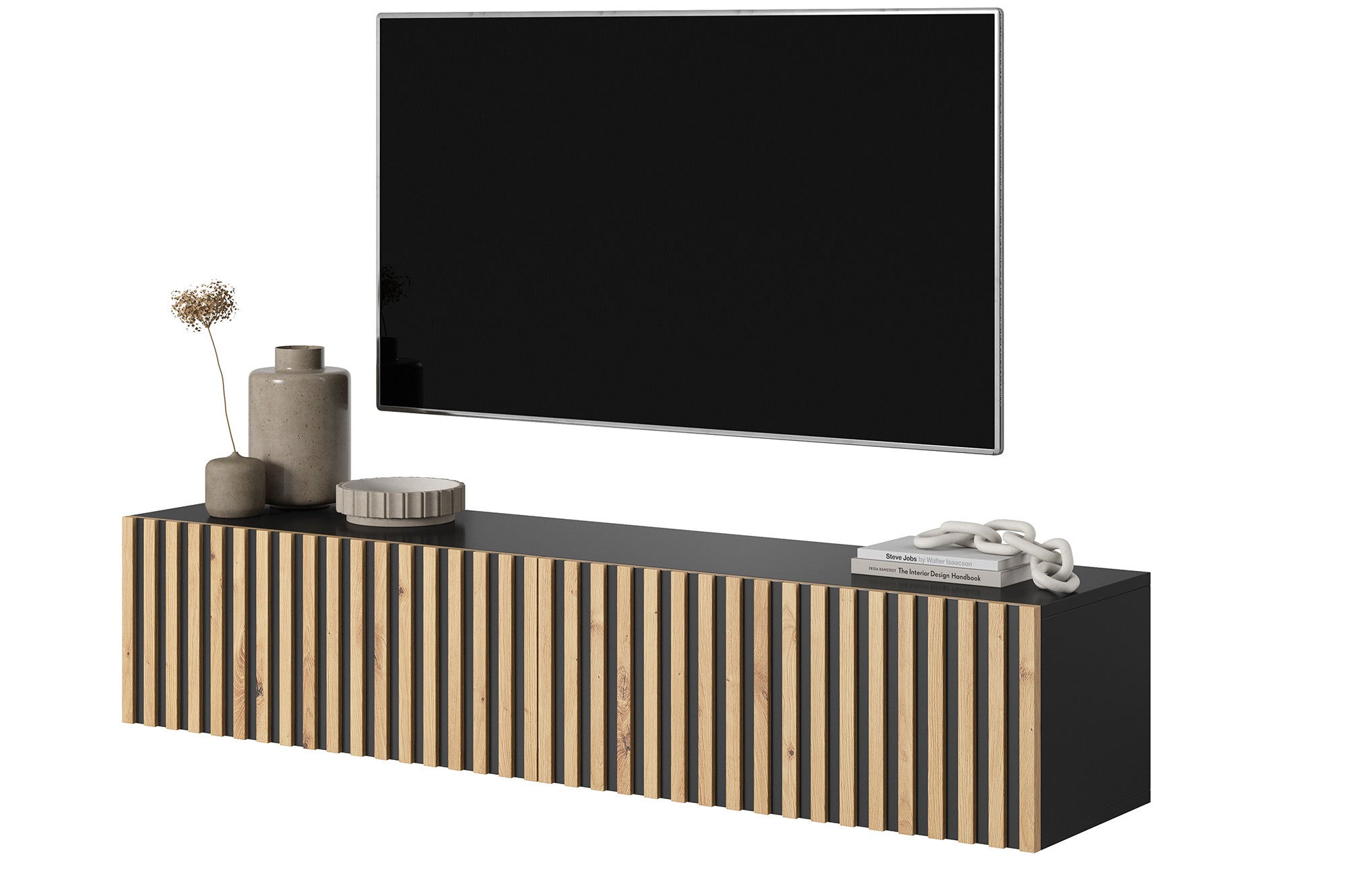 TV-Schrank Telire 138,6 cm schwarz mit lamellenförmiger Front Artisan-Eiche
