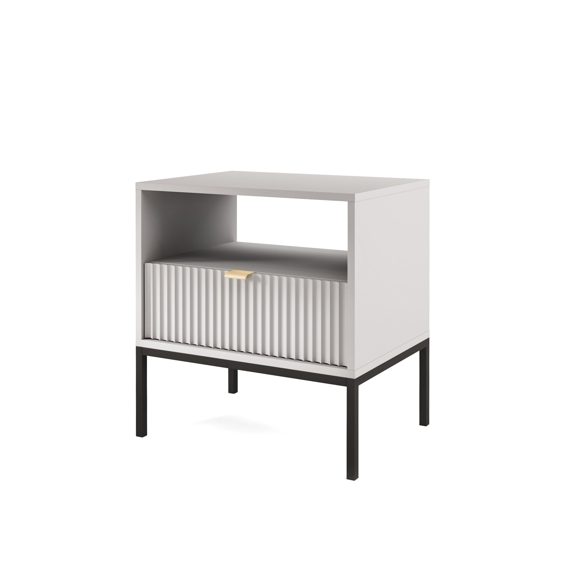 Nachttisch Vellore 54 cm grau mit geriffelter Front und goldenem Griff