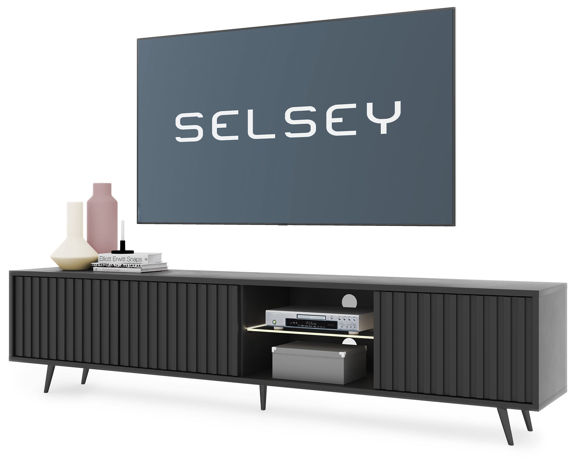 TV-Schrank Bello mit Lamellenfronten, 175 cm, schwarz, mit LED und schwarzen Beinen