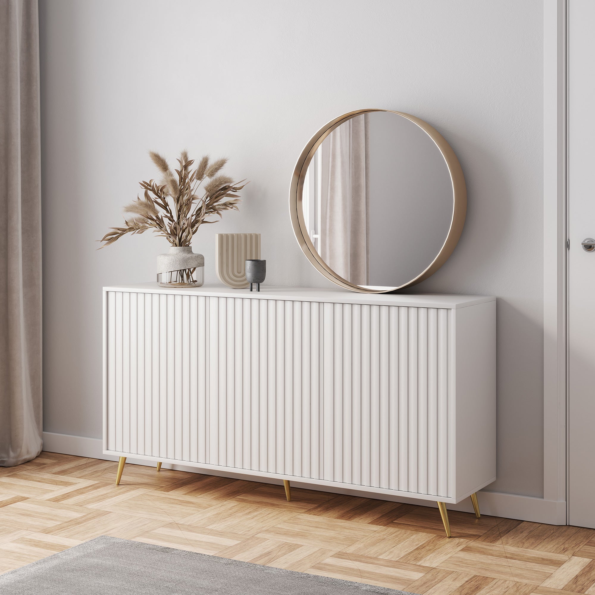 Kommode Bello mit Lamellenfronten, 154 cm, weiß mit goldenen Beinen