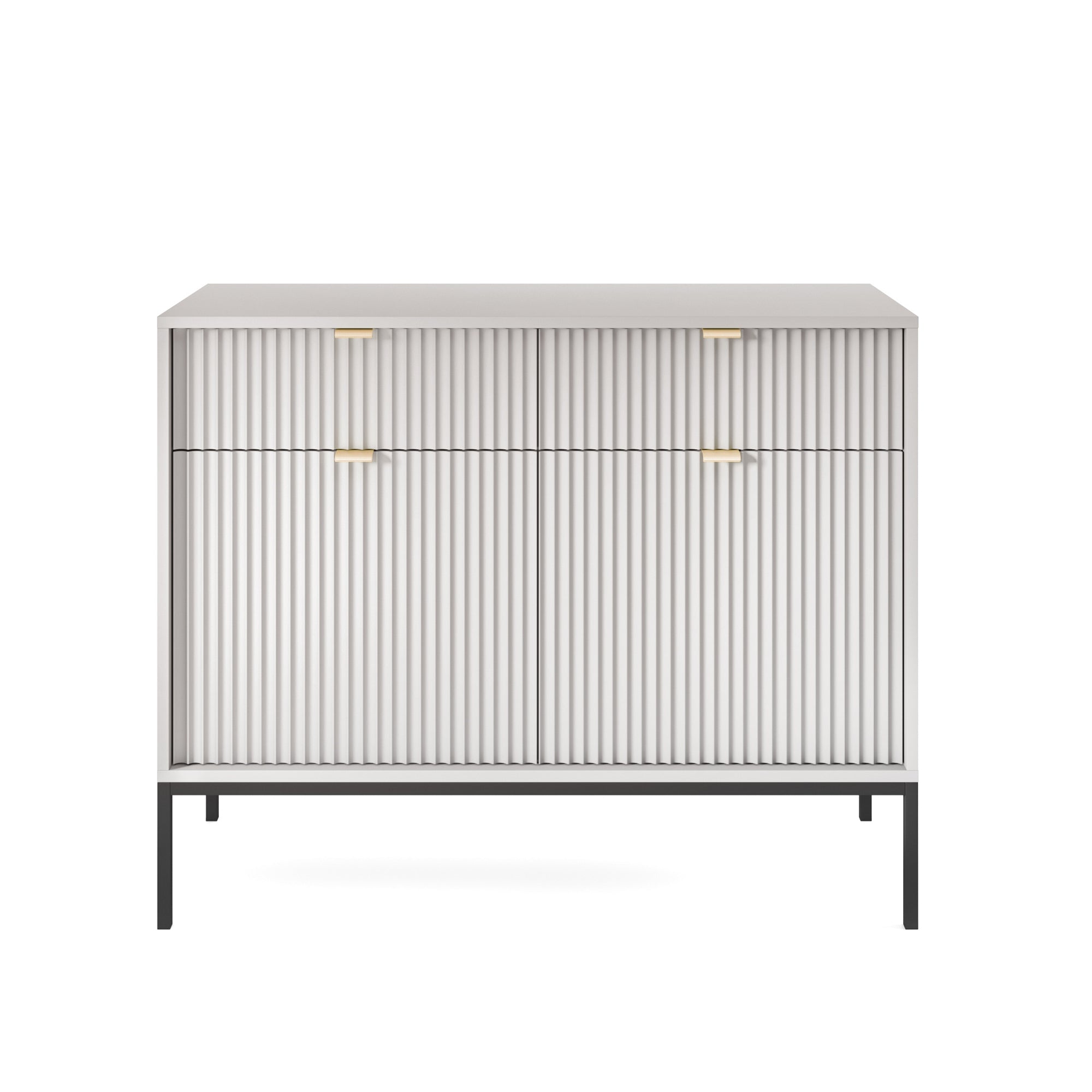 Zweiturige Kommode Vellore 104 cm grau mit geriffelten Fronten und goldenen Griffen