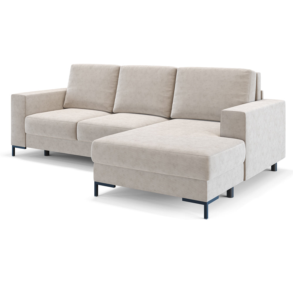 Ecksofa mit Schlafunktion Mokpeo, L-förmig, mit zwei Stauraumfächern auf schwarzen Füßen, beige Cordstoff, rechtsseitig