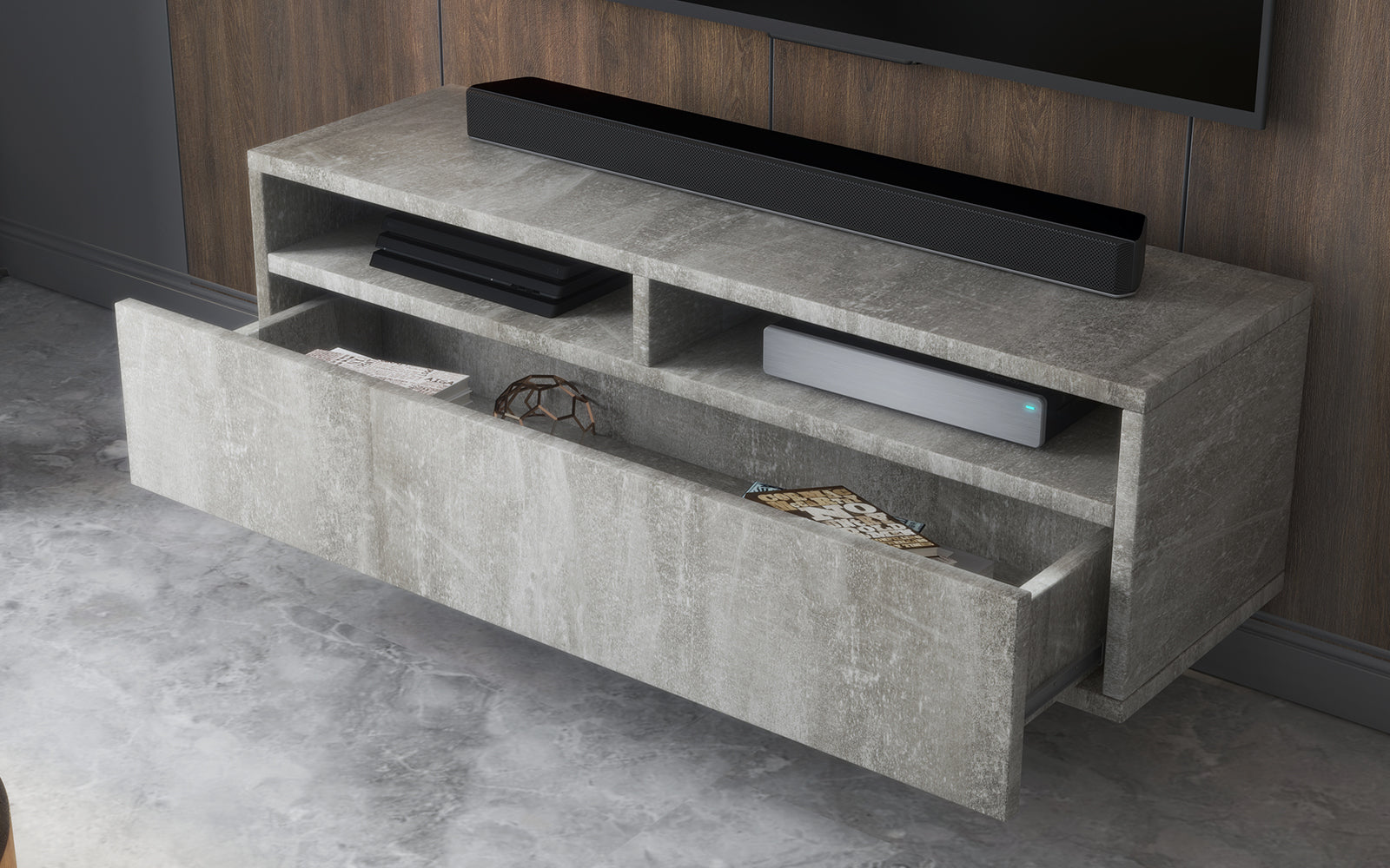 TV-Schrank mit Schublade Rednaw 100 cm Beton mit Beleuchtung