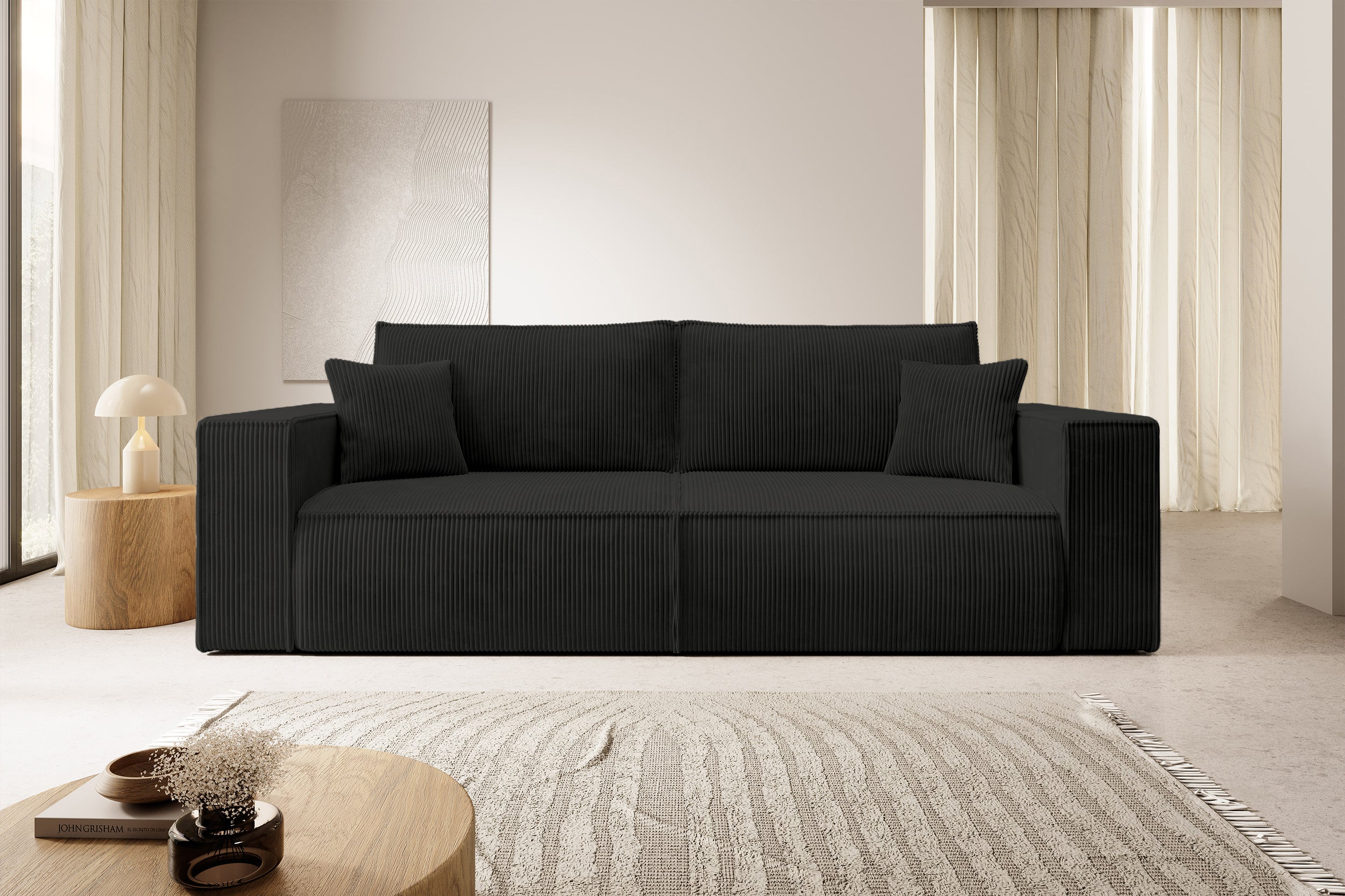 Dreisitziges ausziehbares Sofa Farese mit Stauraum, schwarz, Cordstoff