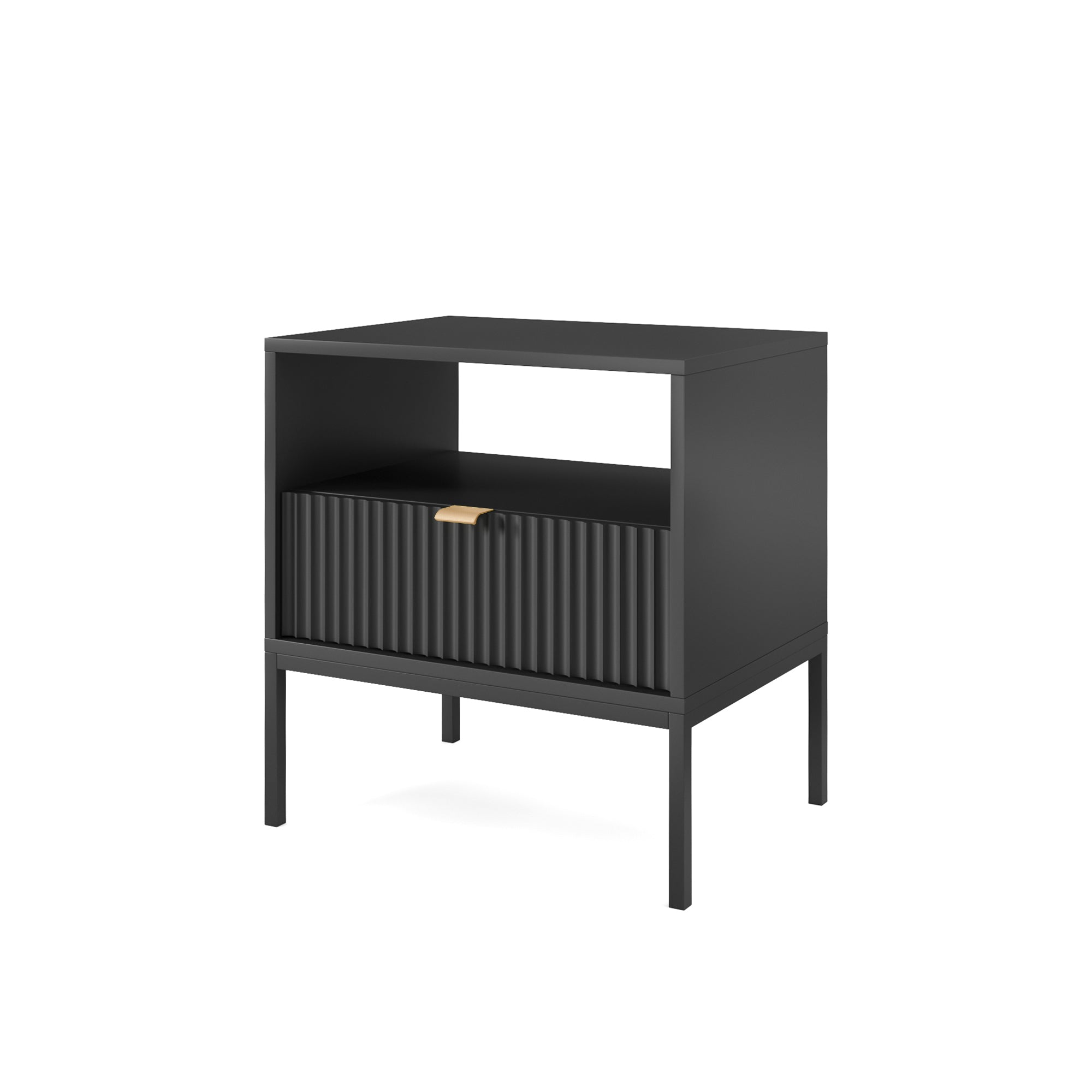 Nachttisch Vellore 54 cm schwarz mit geriffelter Front und goldenem Griff